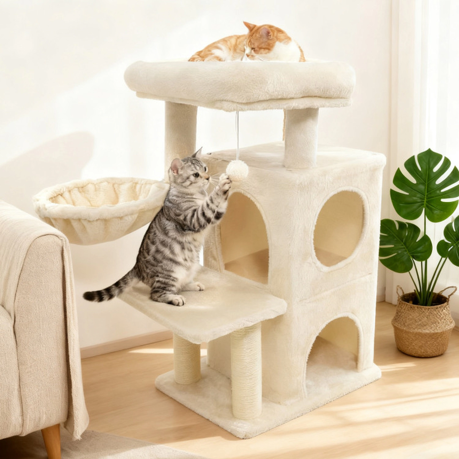 SUGIFT 33.5-in Kitten Tower Cat Tree with 2-Tier Condo and Padded Top Perch 22-lb Capacity per Layer Beige