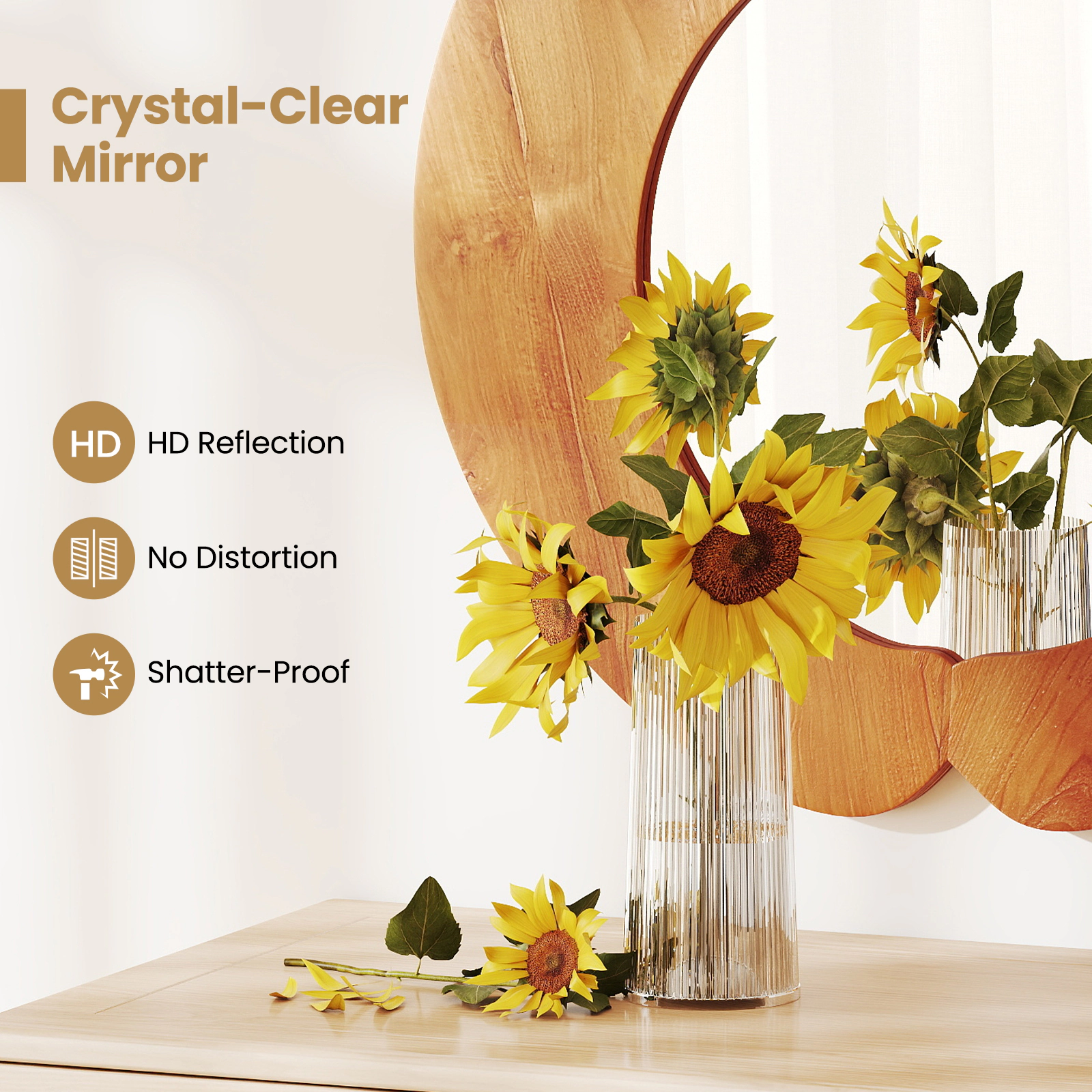 Slickblue 29 Inch Round Irregular Wall Mirror with Teak Wood Frame for Living Room and Bathroom