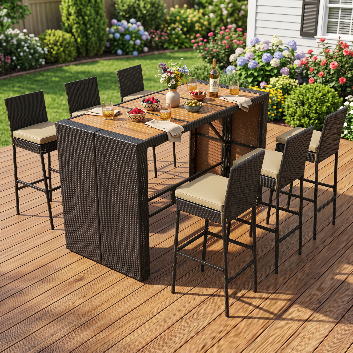 LJG 7-Piece Outdoor PE Wicker Bar Set with Bar Height Table and 6 Cushioned Stools for Yard