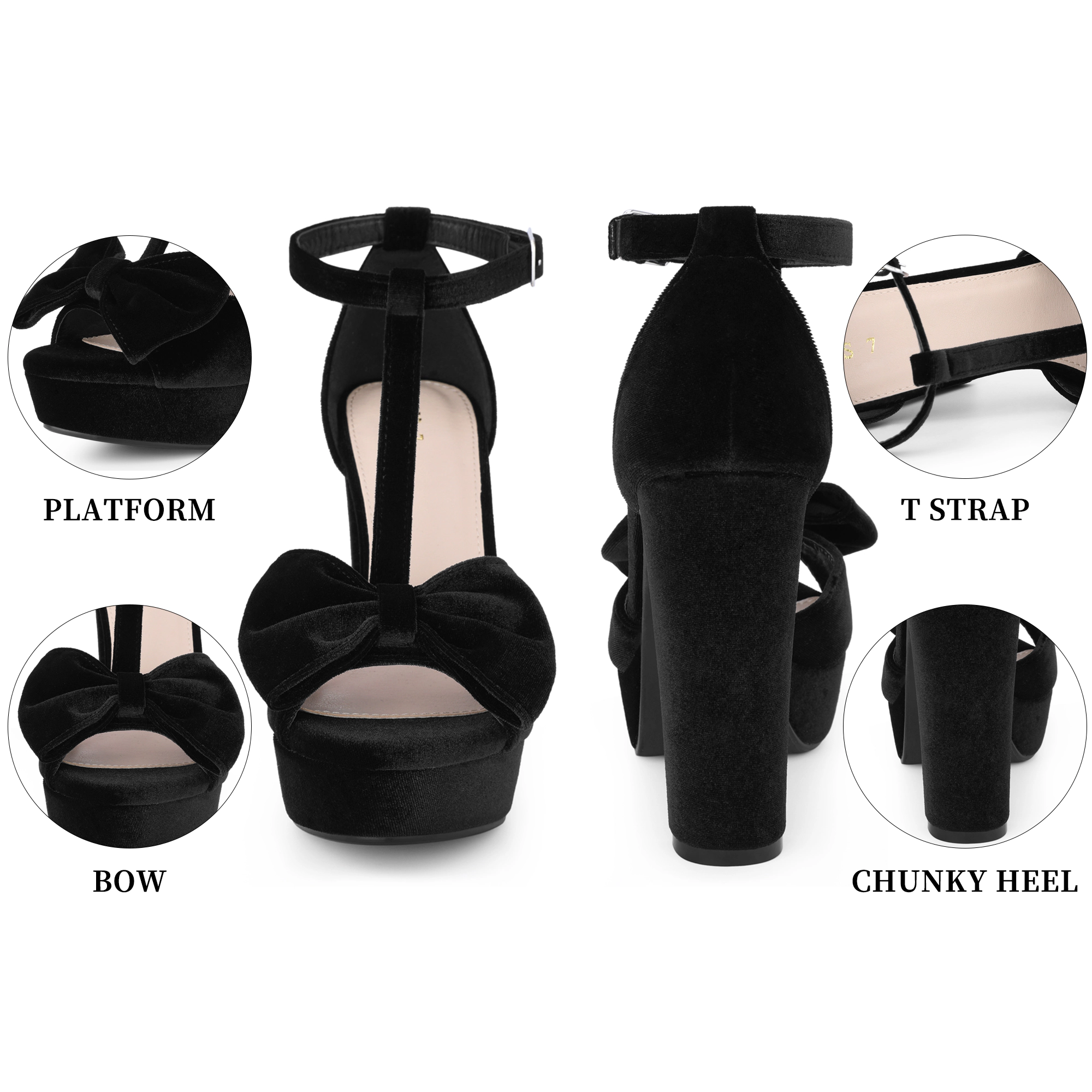 BLISSFUL STEP Women's Velvet Bow T-Strap Chunky High Heel Block Sandals