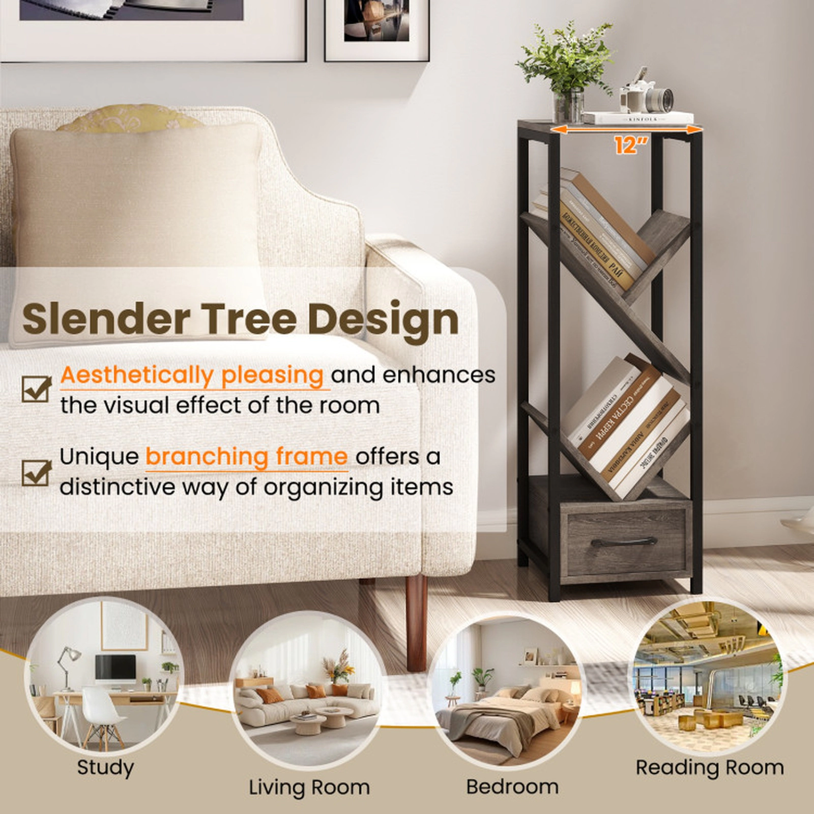 SUGIFT 4 Tier Floor Tree Bookshelf with Drawer and Metal Frame 36-in Tall 33-lb Per Shelf Capacity Gray & Black