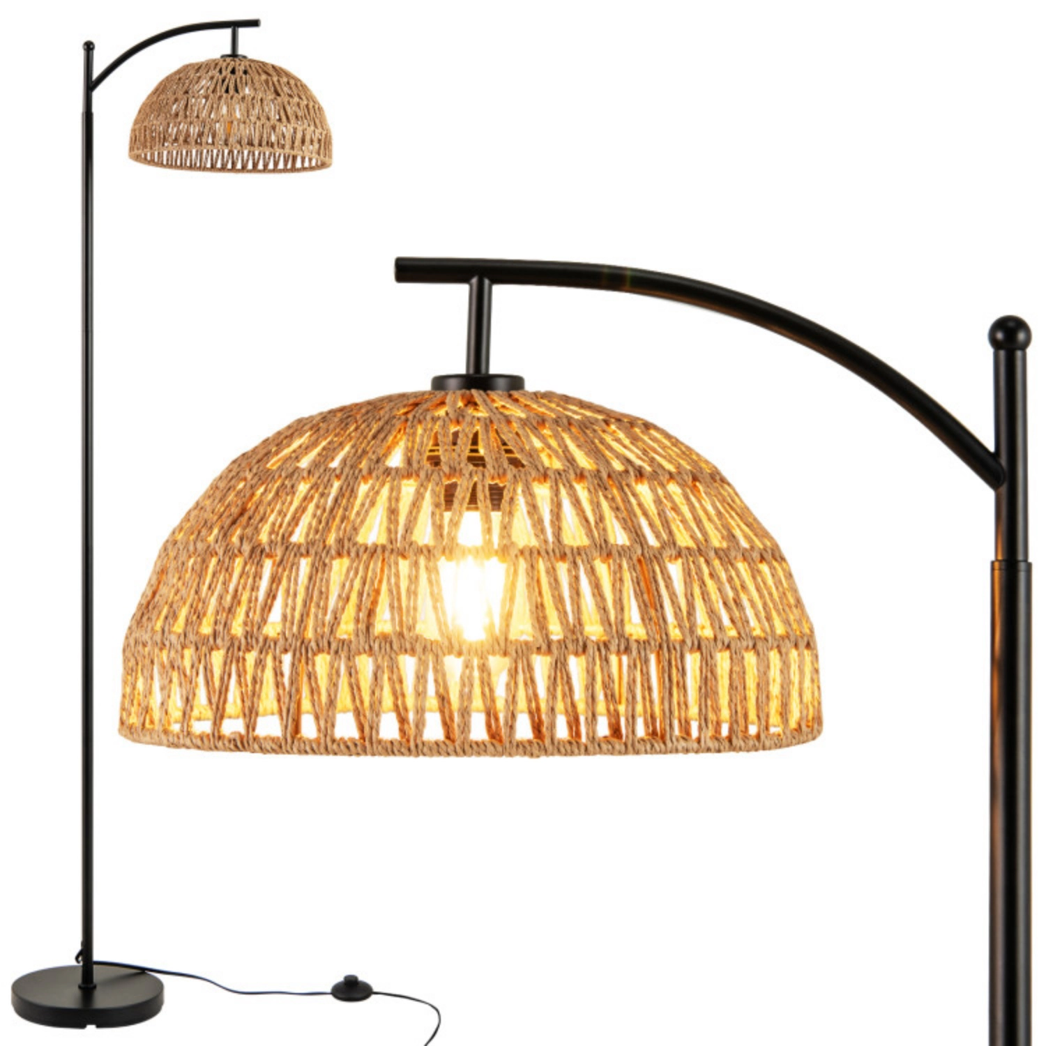 Slickblue Black Arc Floor Lamp 63in E26 Socket Paper Rope Shade Living Room Sofa Light