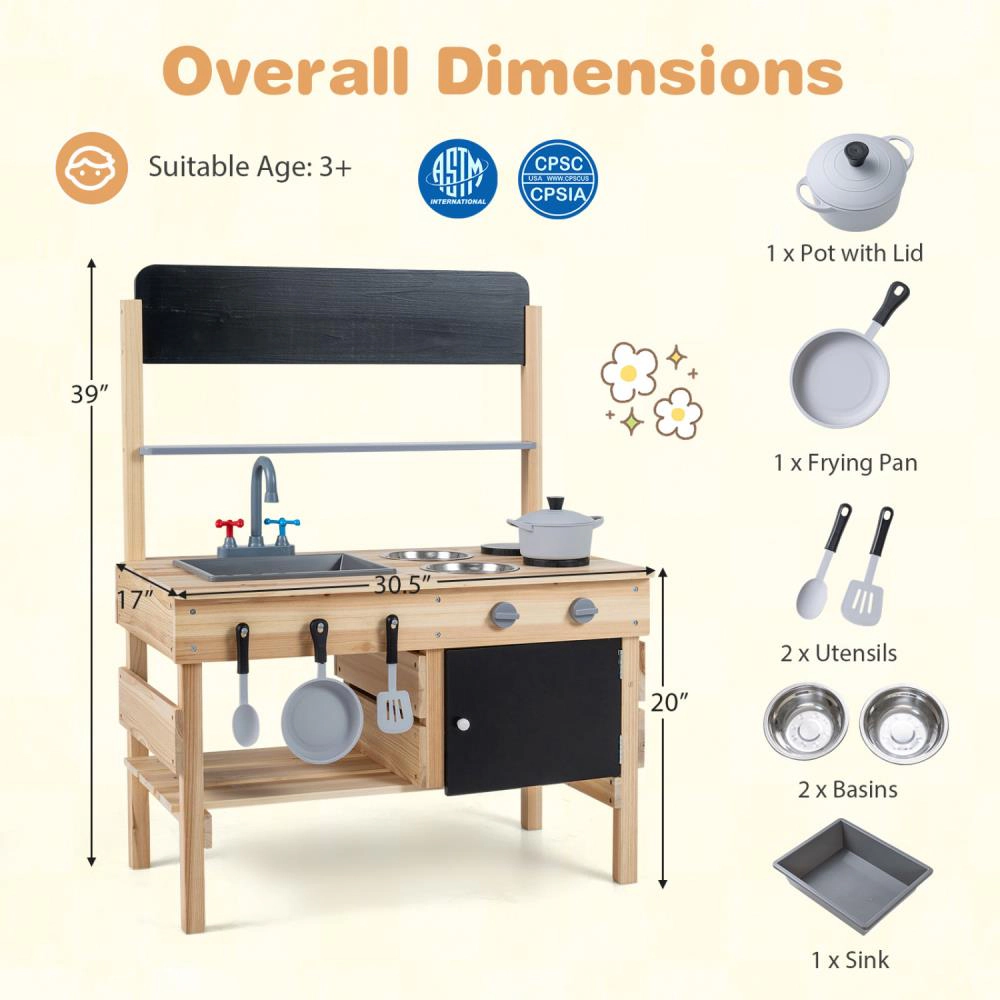 Hivvago Outdoor Wooden Mud Kitchen for Kids with Sink and Stoves