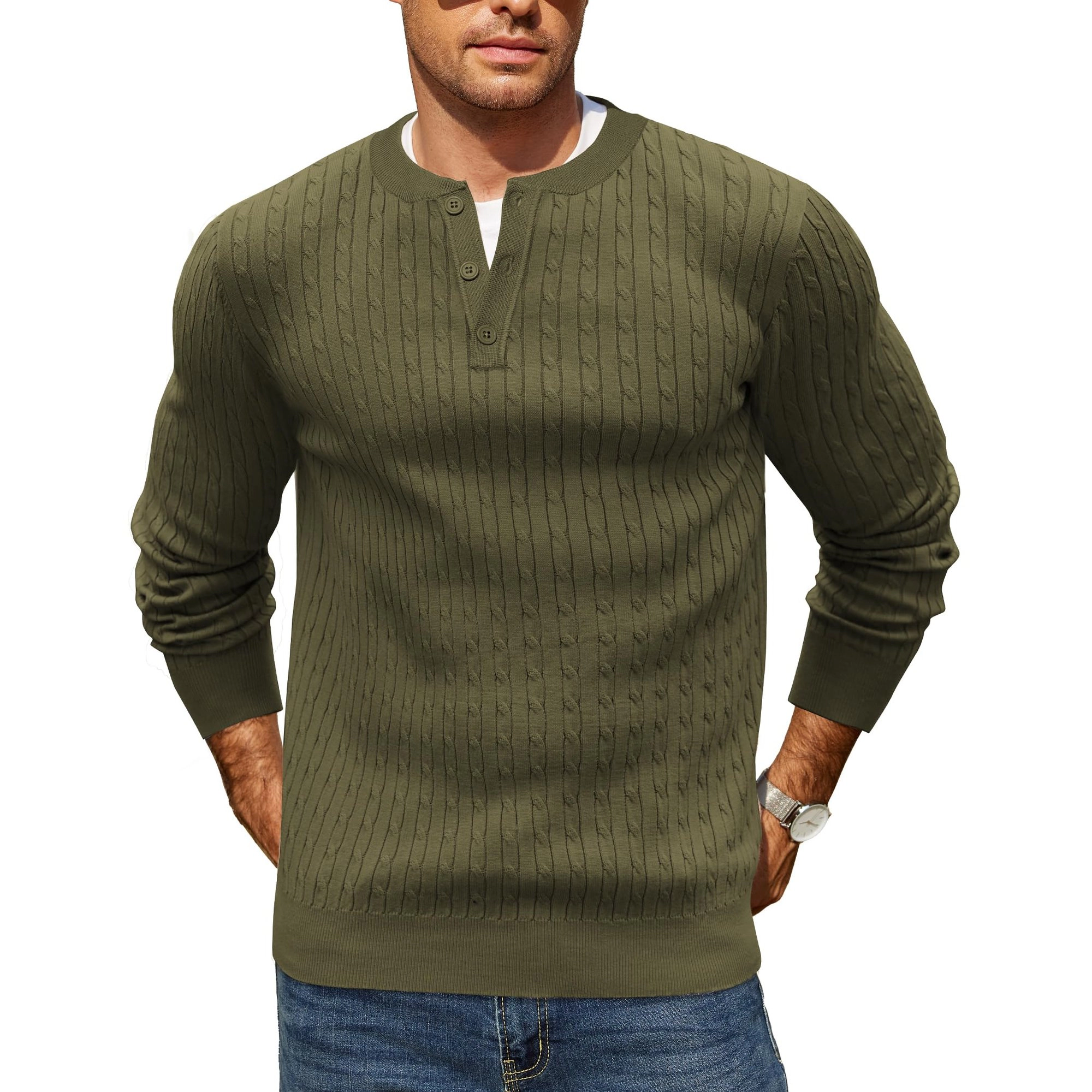 COOFANDY Mens Long Sleeve Henley Neck Sweater Fall Cable Knit Pullover Casual Tops