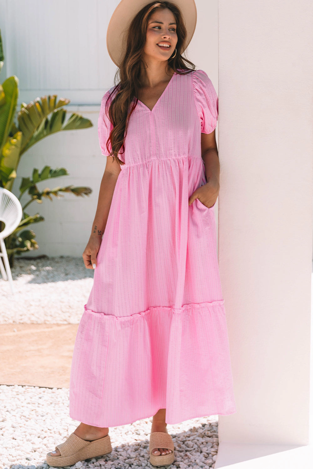 Threaded Pear Women's Ella Stripe V Neck Puff Short Sleeve Maxi Dress