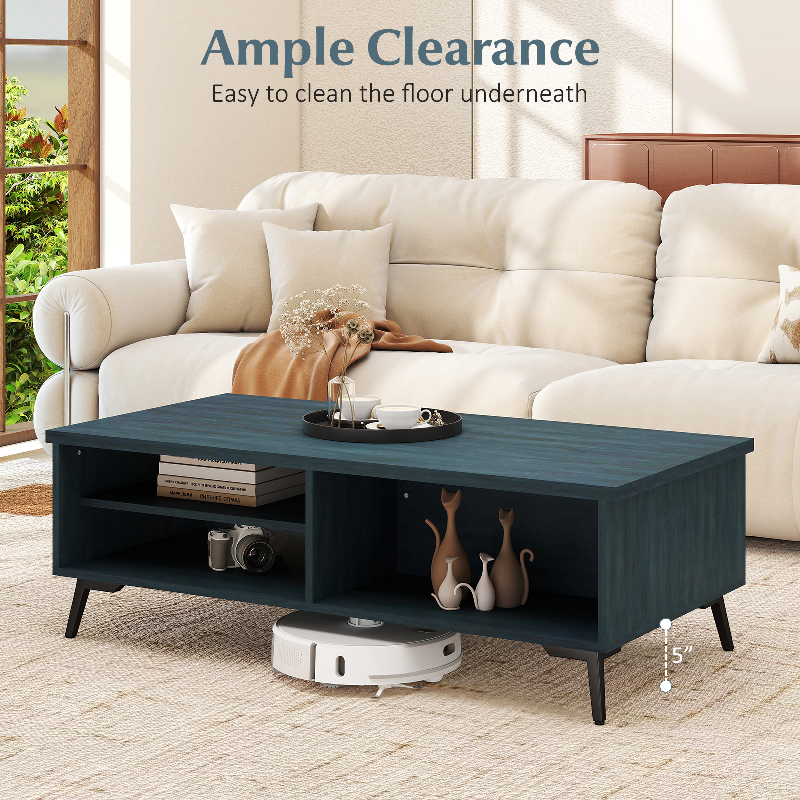 Glintex 2-Tier 47-Inch Mid-Century Coffee Table with Side Compartments