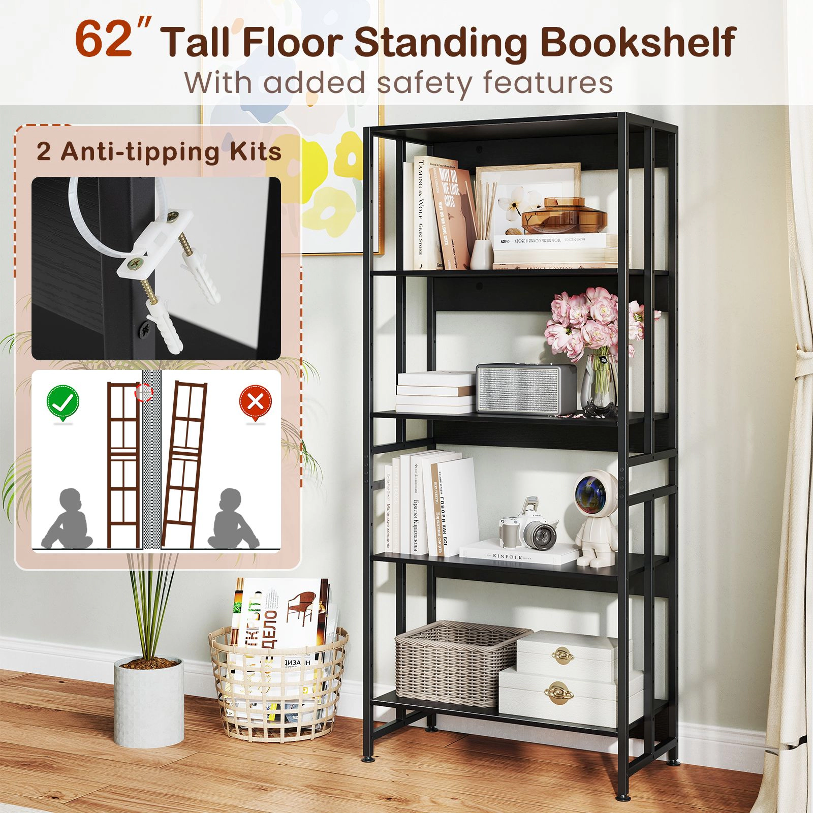 SlickBlue 5 Tier Industrial Bookshelf with Adjustable Shelves Metal Bookcase Rack