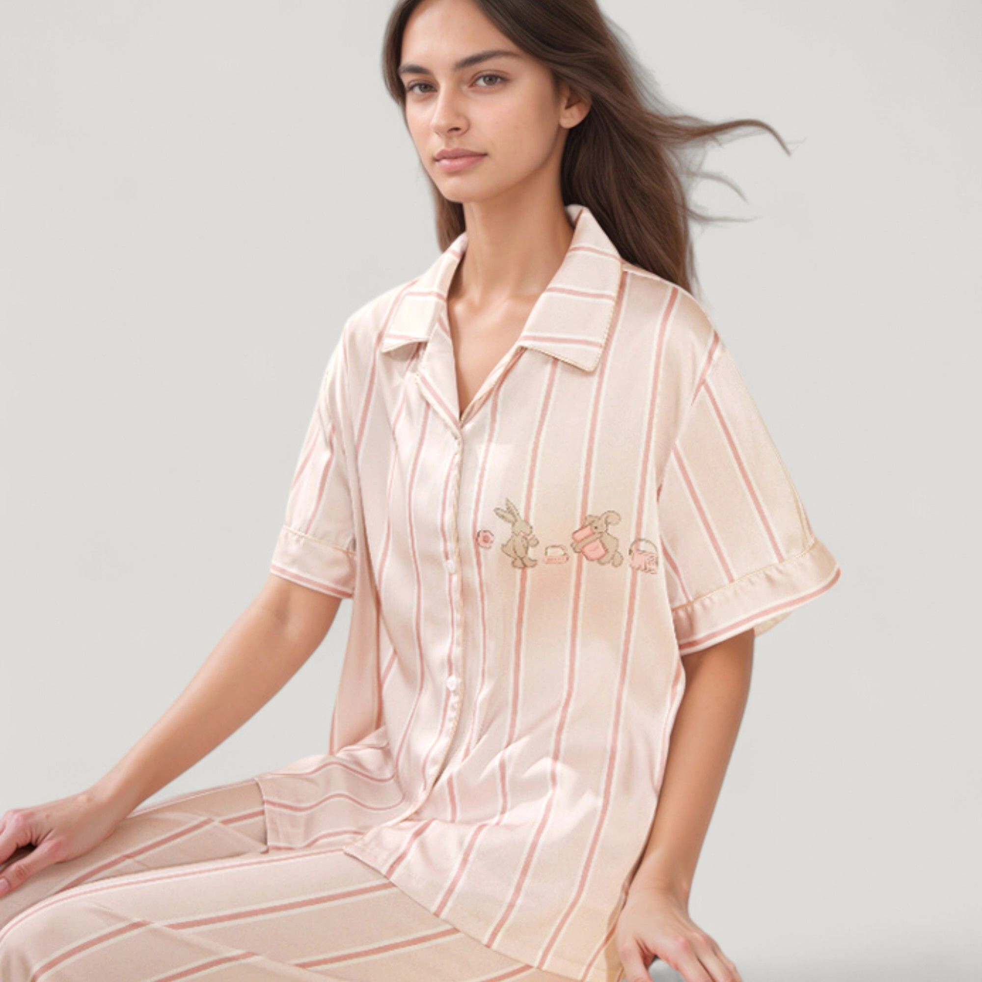 Anna-Kaci Women's Striped Pajama Set with Embroidered Bunny Detail Short Sleeve Button Up Top and Full-Length Pants