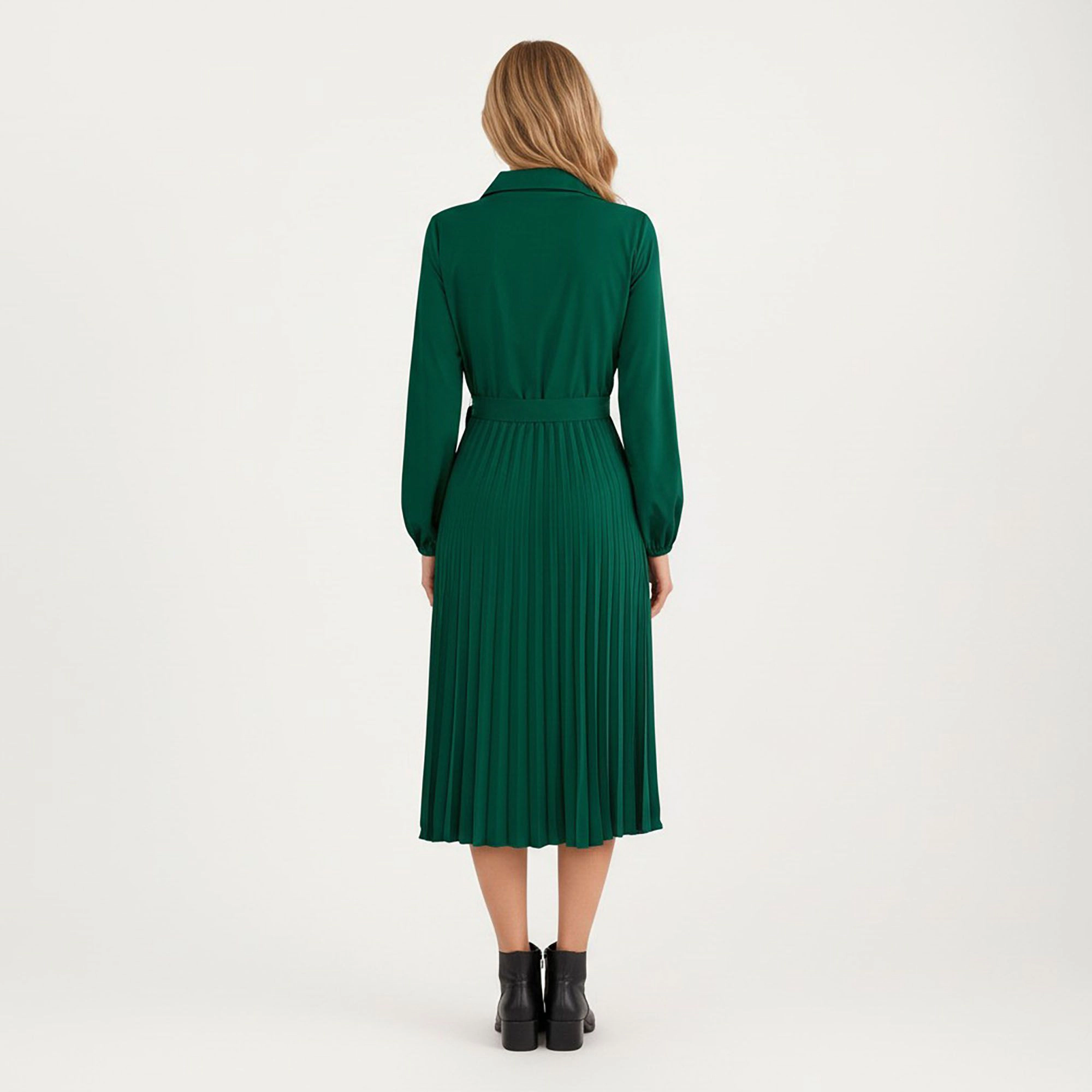 Anna-Kaci Women's Pleated Button Down Front Long Sleeve Waist Tie Midi Dress