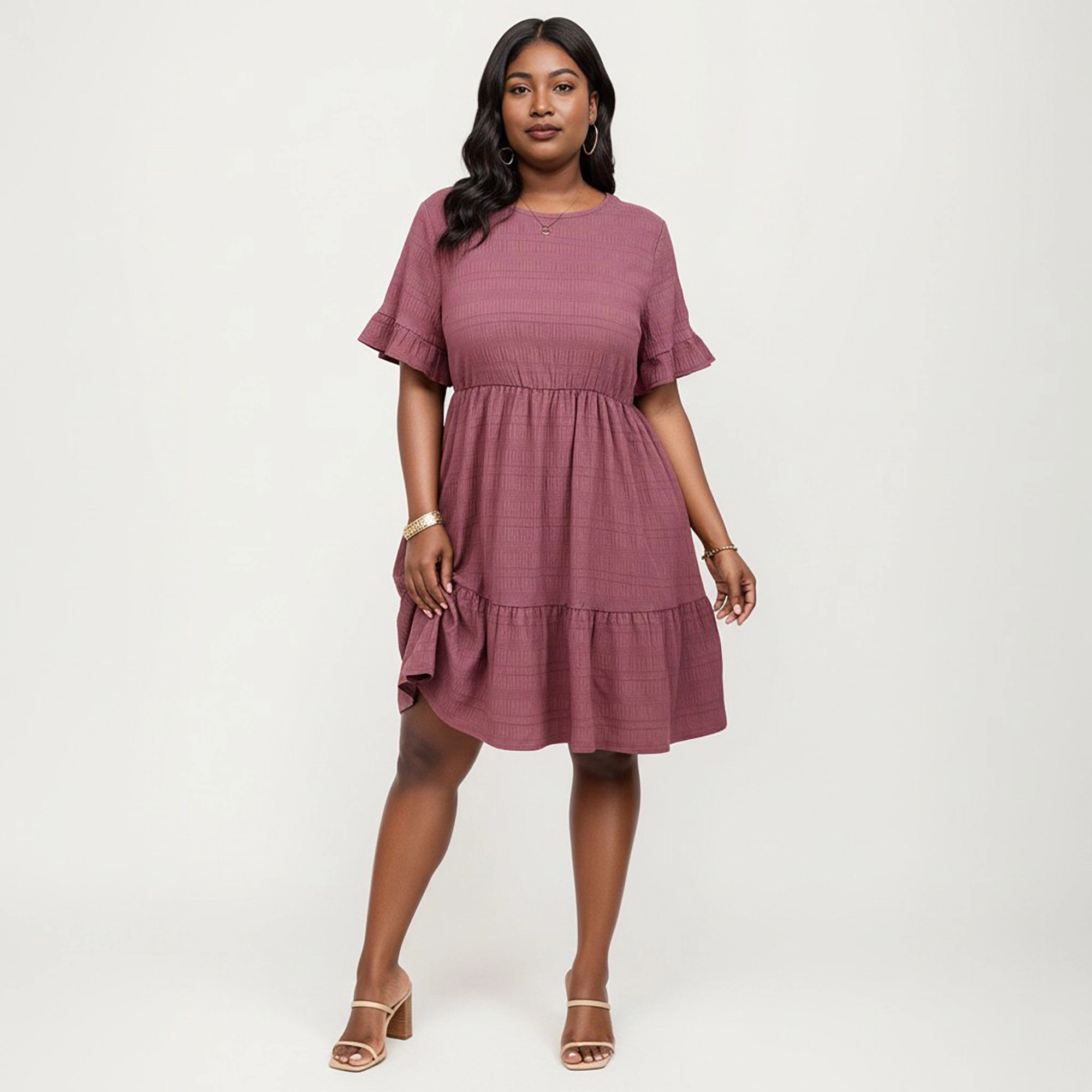 Anna-Kaci Women's Plus Short Sleeve Textured Crew Neck Tiered Skirt Ruffle Detail Dress