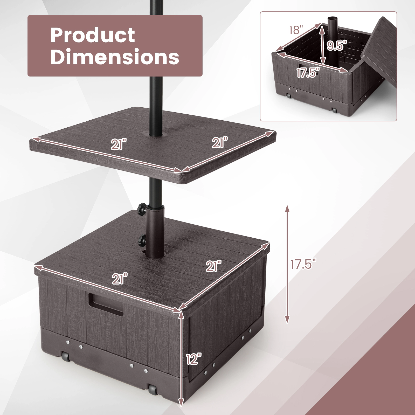 SUGIFT Black 175-lb 3-in-1 Fillable Patio Umbrella Base with Wheels Planter Box and Table Tray for Deck