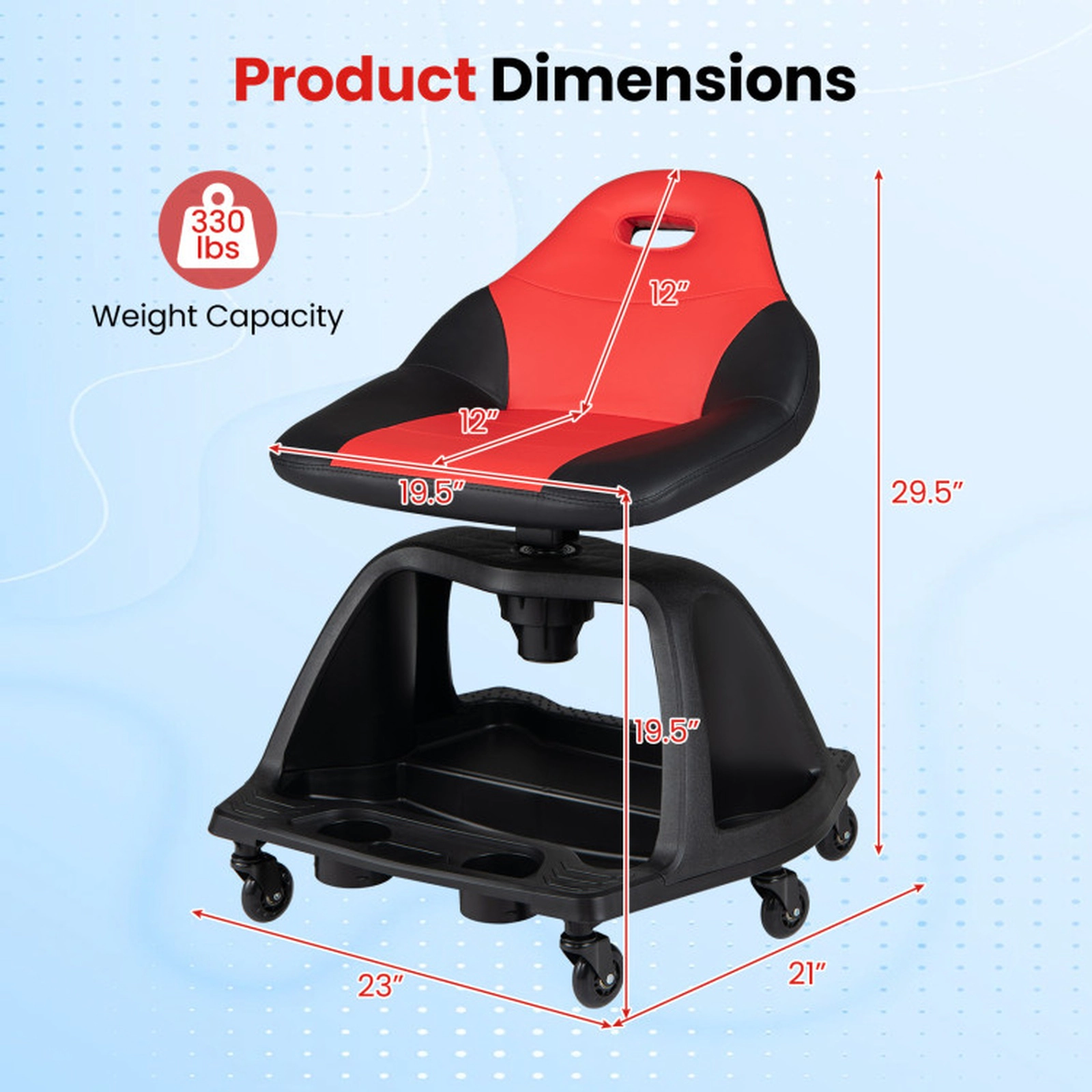 SUGIFT 6 Universal Wheels Padded Backrest Tool Tray Rolling Garage Mechanic Stool 23-in x 21-in x 29.5-in 330-lb Red