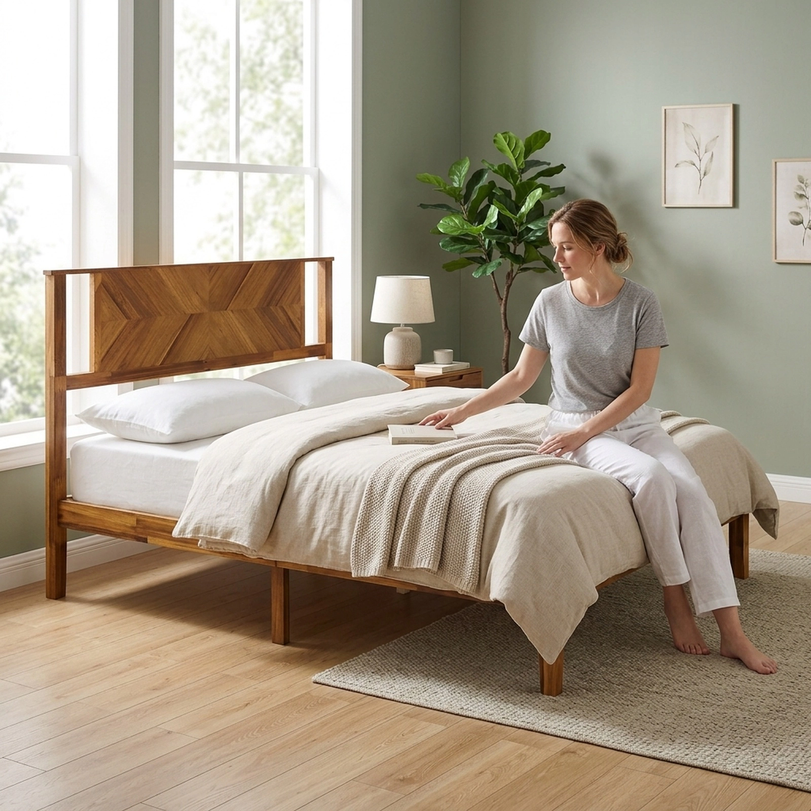 SUGIFT Full Platform Bed Frame, Acacia Wood, Curved Retro Headboard, 800-lb Capacity, Golden Brown