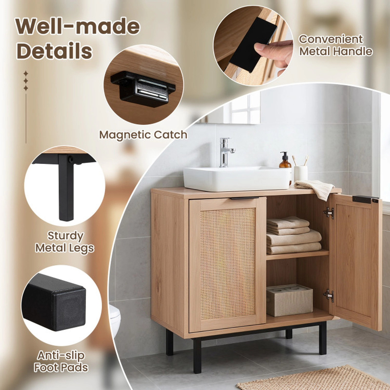 SUGIFT 2 Rattan Doors U-Shaped Cut-Out Under Sink Bathroom Vanity Cabinet 23.5-in x 12-in x 24-in 66-lb Capacity Natural