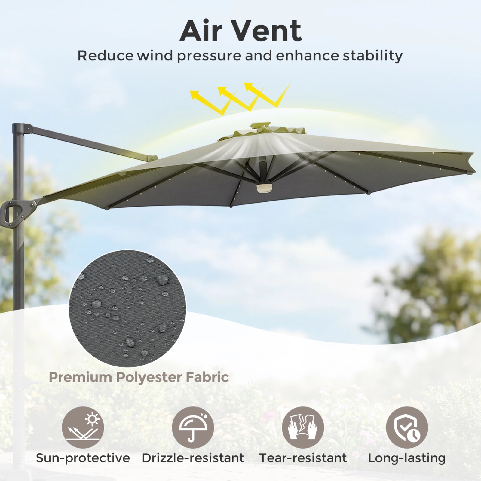 SUGIFT 10-ft Gray Offset Cantilever Patio Umbrella with 35 Solar LED Lights and 220-lb Fillable Base for Deck
