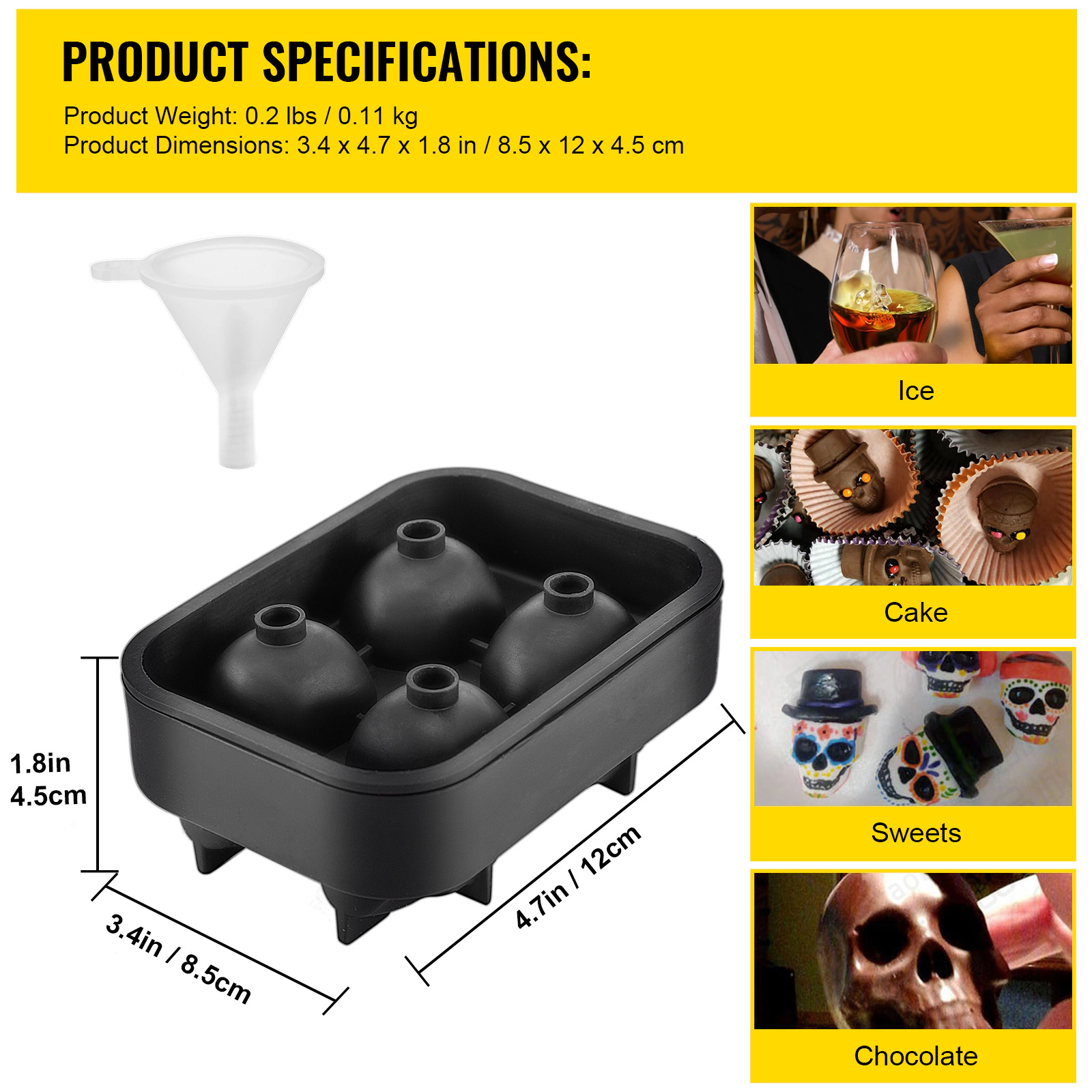 HONGGE Skull Ice Cube Tray, Skull Ice Ball Maker, Flexible Black Silicone Ice Tray with Lid & Funnel