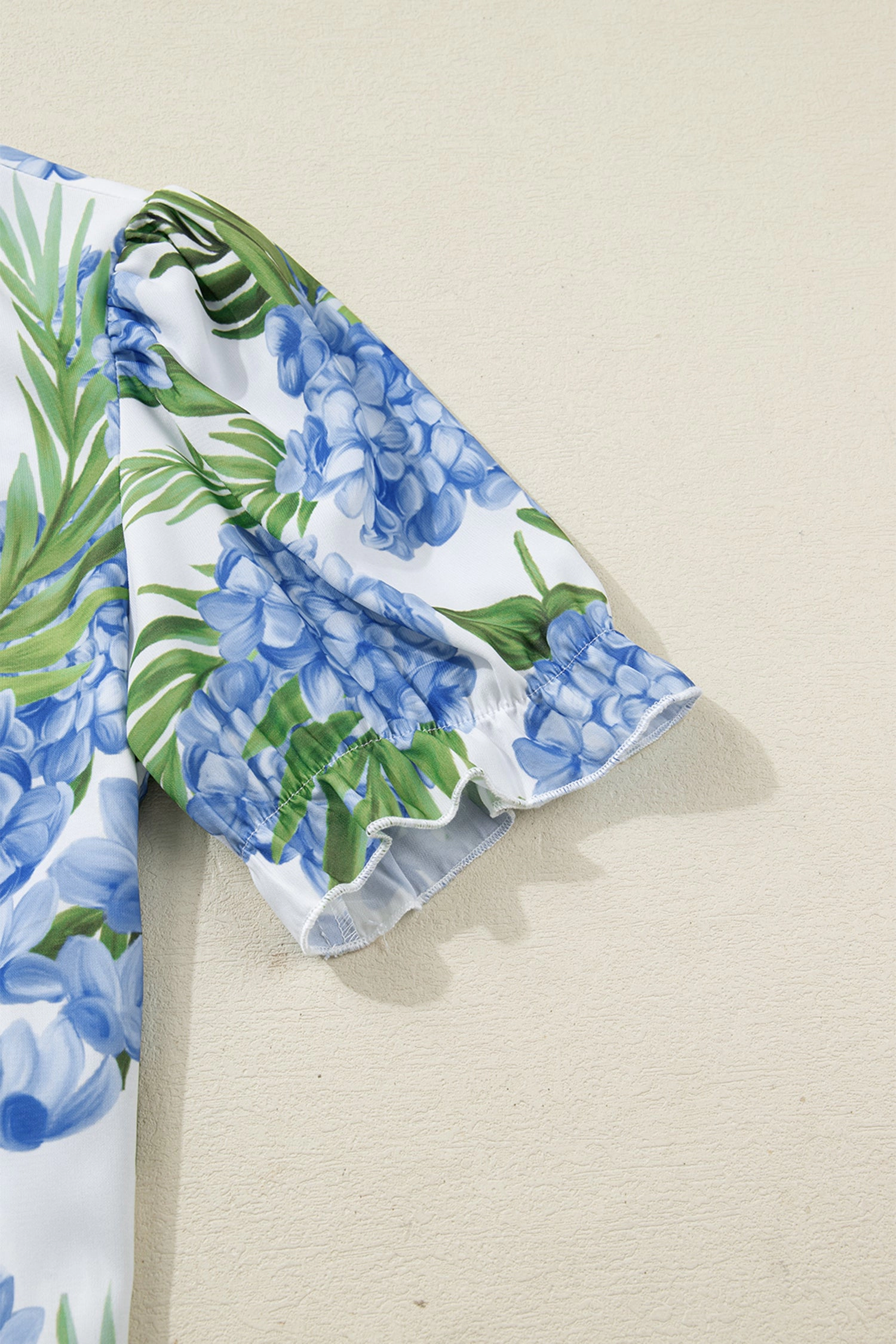 Threaded Pear Sky Blue Palm Floral V-Neck Short Sleeve Blouse