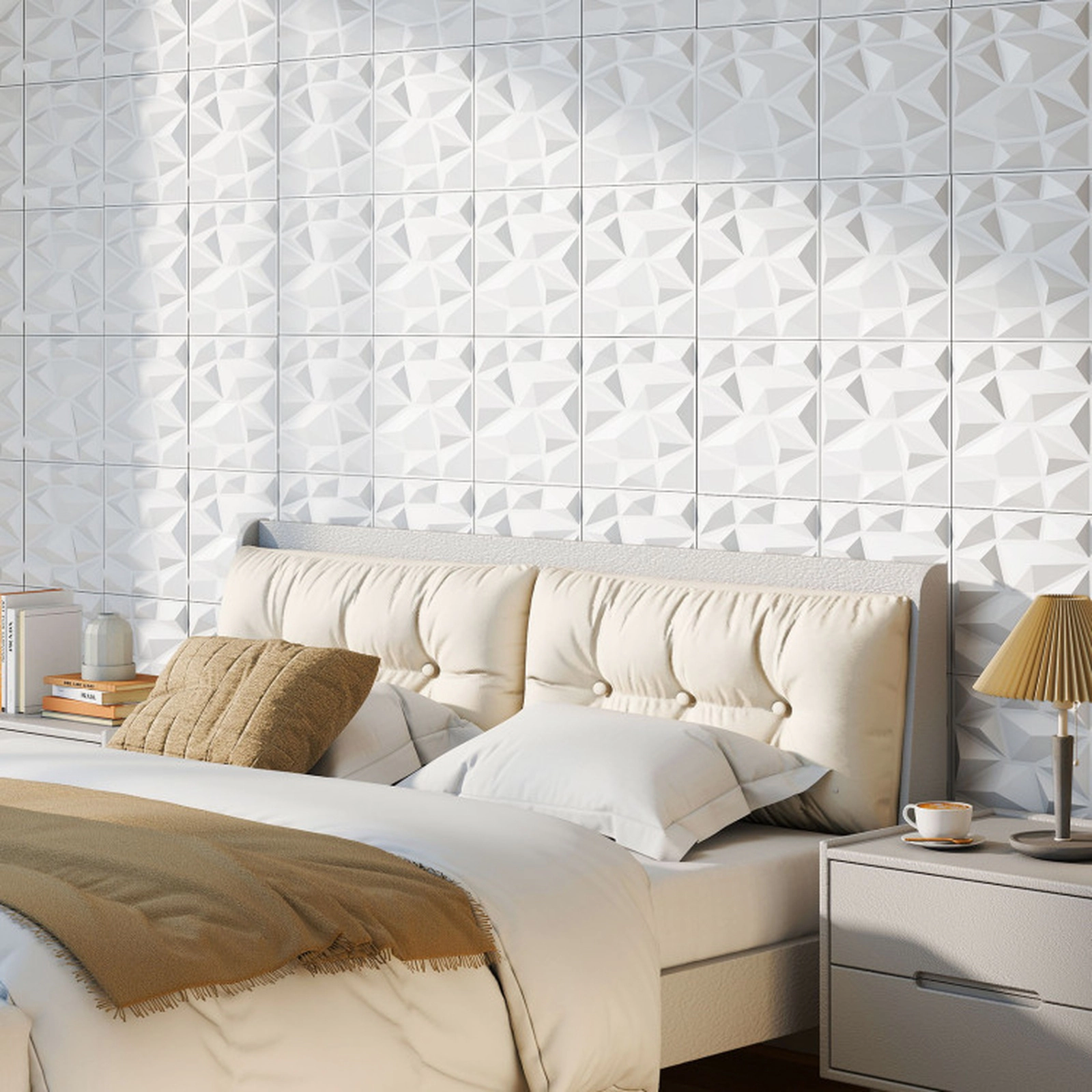 SUGIFT 50-Pack Diamond Relief Paintable PVC 3D Wall Panels 12-in x 12-in x 1-in 50 sq ft Coverage 8-lb White