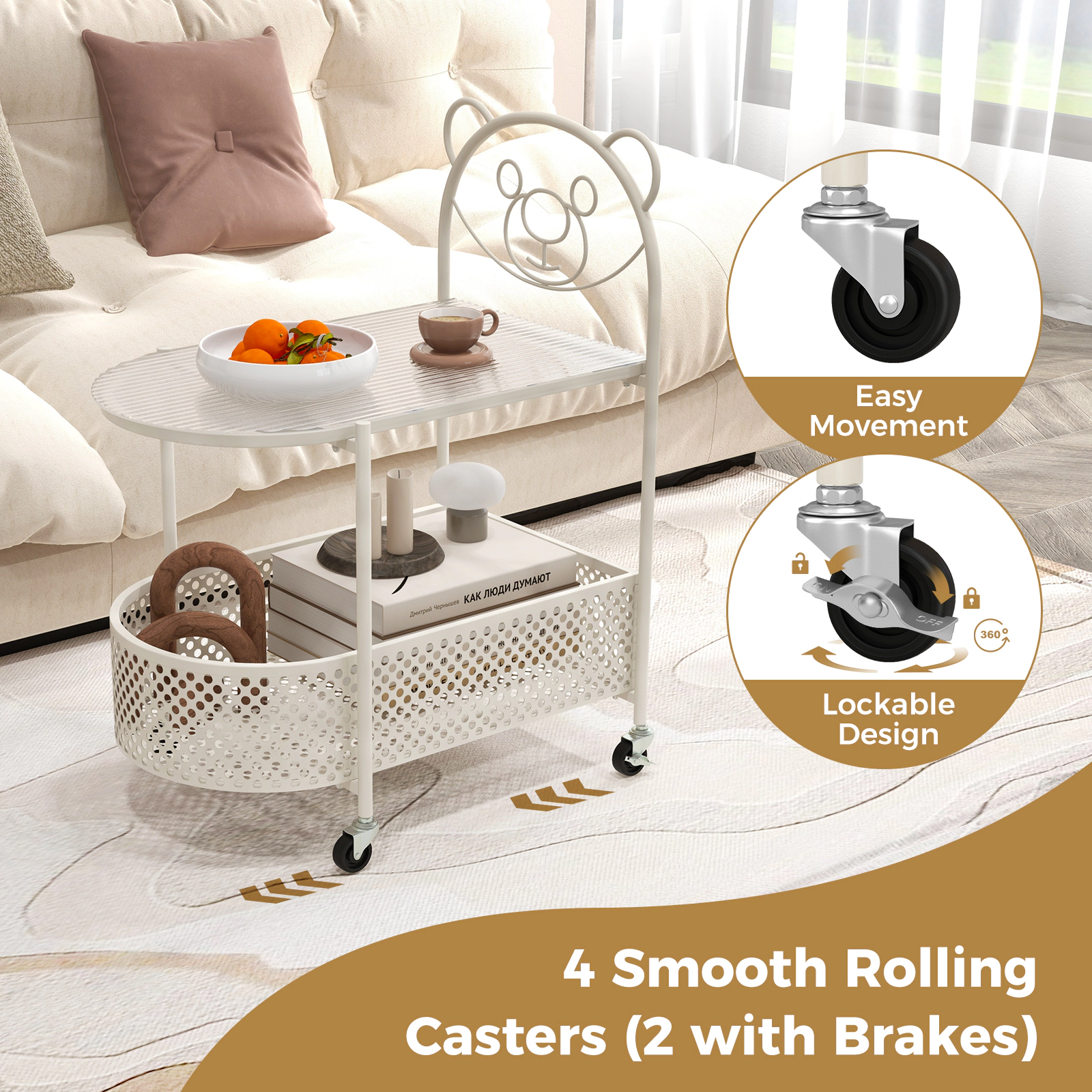 SUGIFT White 30 in 2-Tier Rolling Glass Side Table with Storage Basket