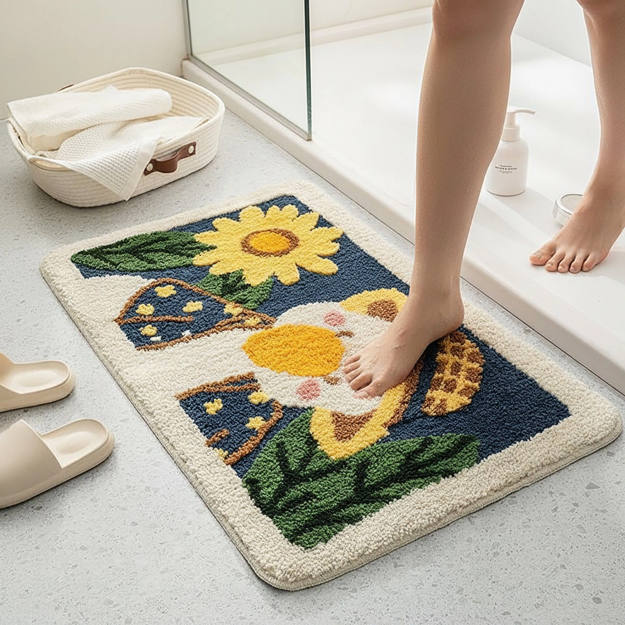 Alilang Unisex Tufted Floor Mat with Cute Animal and Sunflower Design Non Slip Backing Soft Plush Decorative Rug