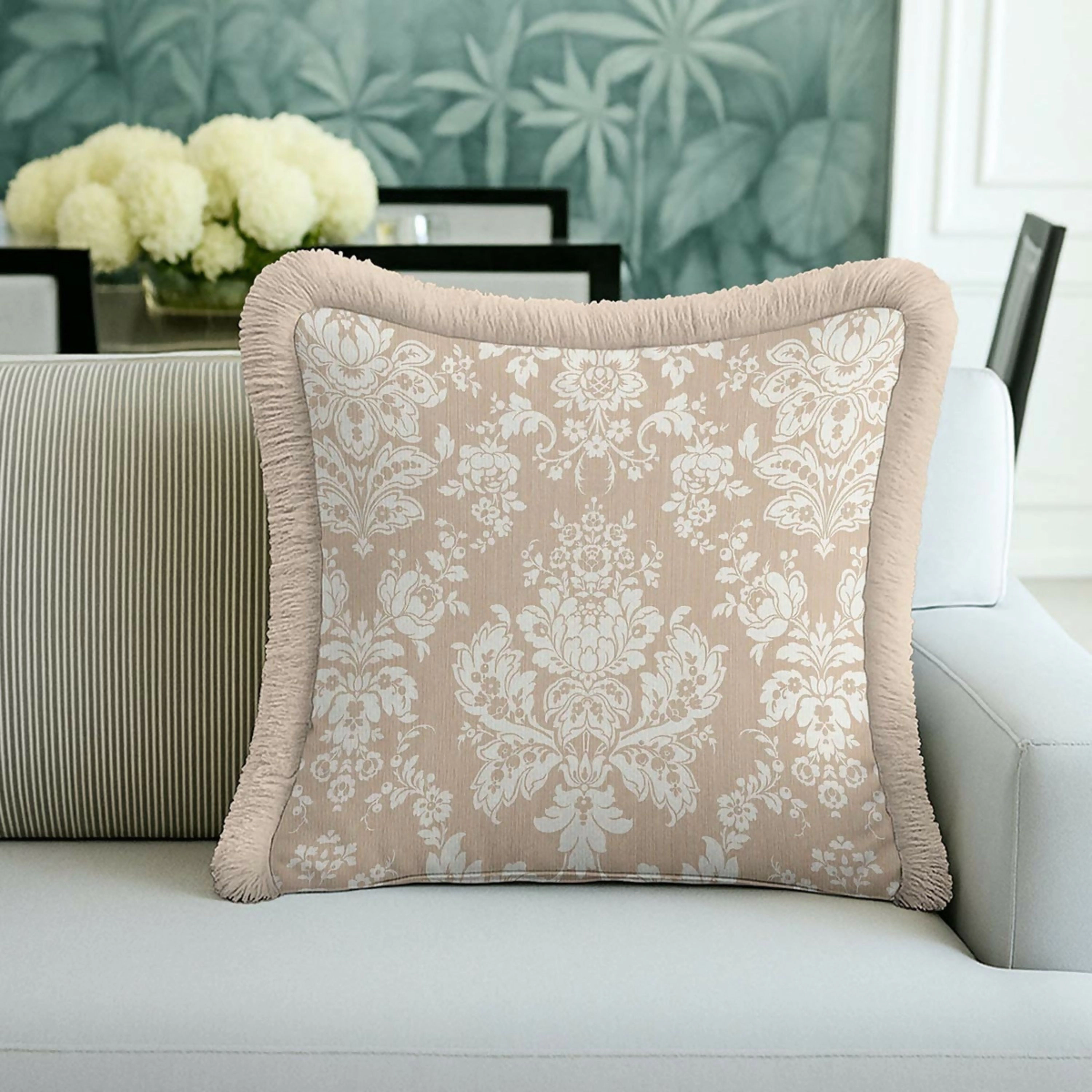 Wear Sierra Cream Floral Baroque Fringed Set of 2 Throw Pillow Cover