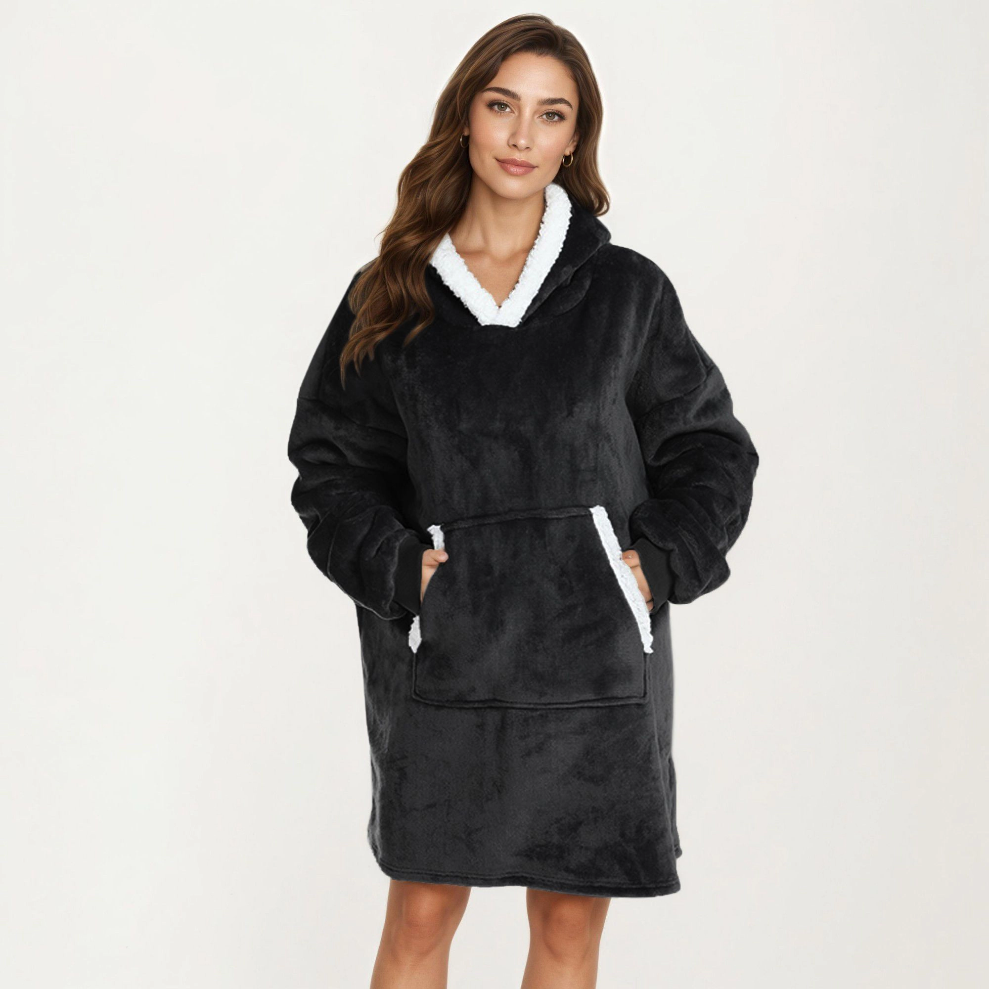 Anna-Kaci Women's Plush Hooded Lounge Dress with Faux Shearling Trim Long Sleeves and Front Kangaroo Pocket