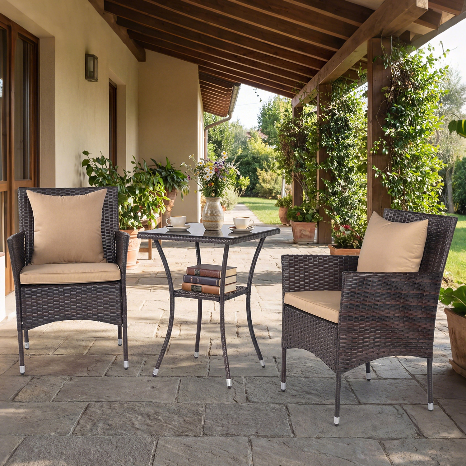 LJG 3-Piece Patio Furniture Set Rattan Bistro Chairs with 2-Tier Tempered Glass Side Table