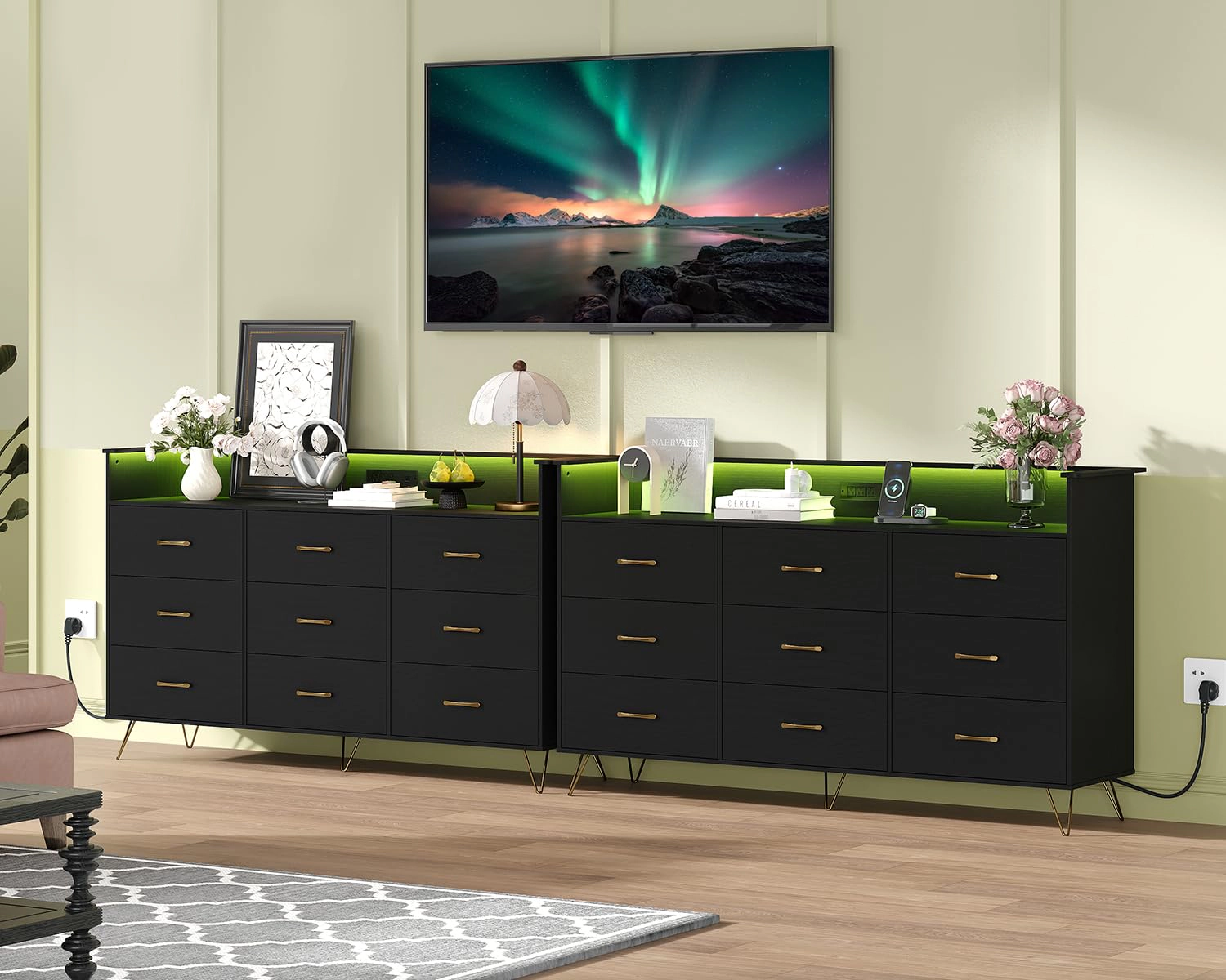 9 Drawer Dresser with App RGB LED Lights & Charging Station, Wood Storage Chest
