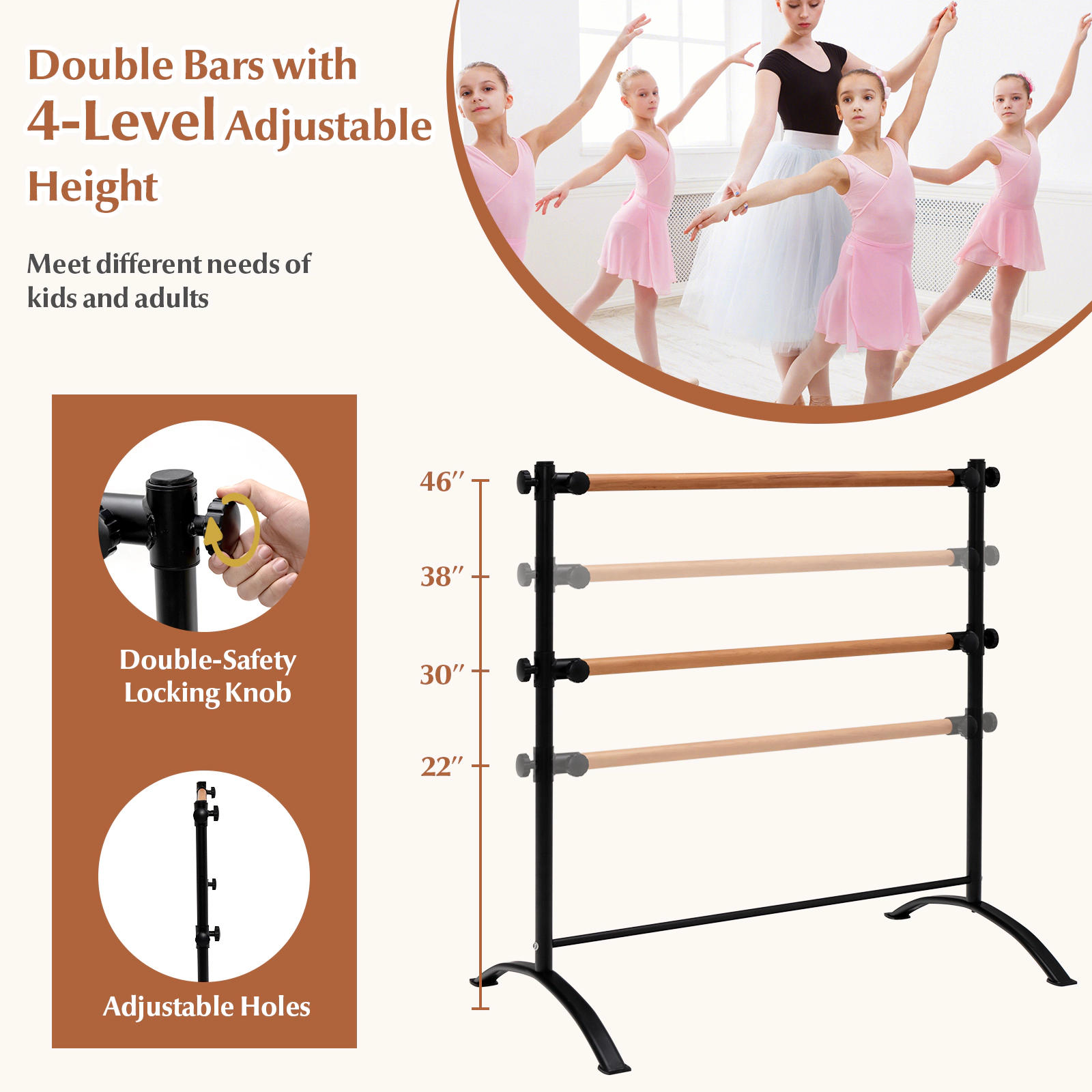 SUGIFT 4-Foot Portable Freestanding Double Ballet Barre 110-lb Capacity Adjustable 47.5-in Frame Yoga Kit Black