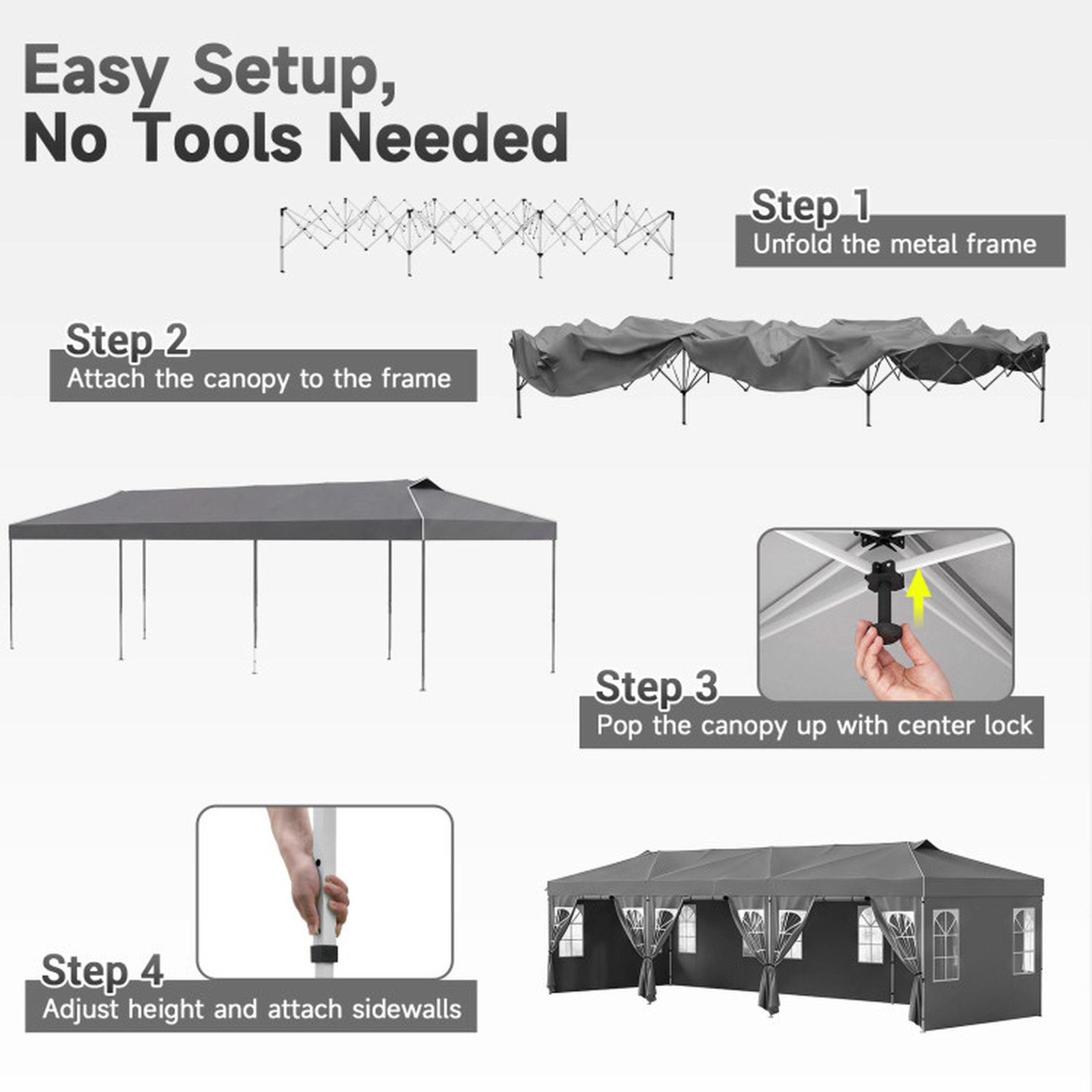 SUGIFT Pop Up Canopy Tent with 8 Sidewalls and Adjustable Height 10 x 30-ft Gray