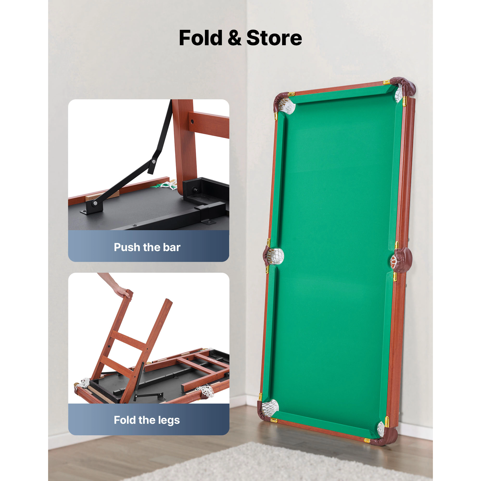HONGGE Pool Table Portable Billiards Foldable Space-Saving Game Set Includes Brush with Cloth for Family Room