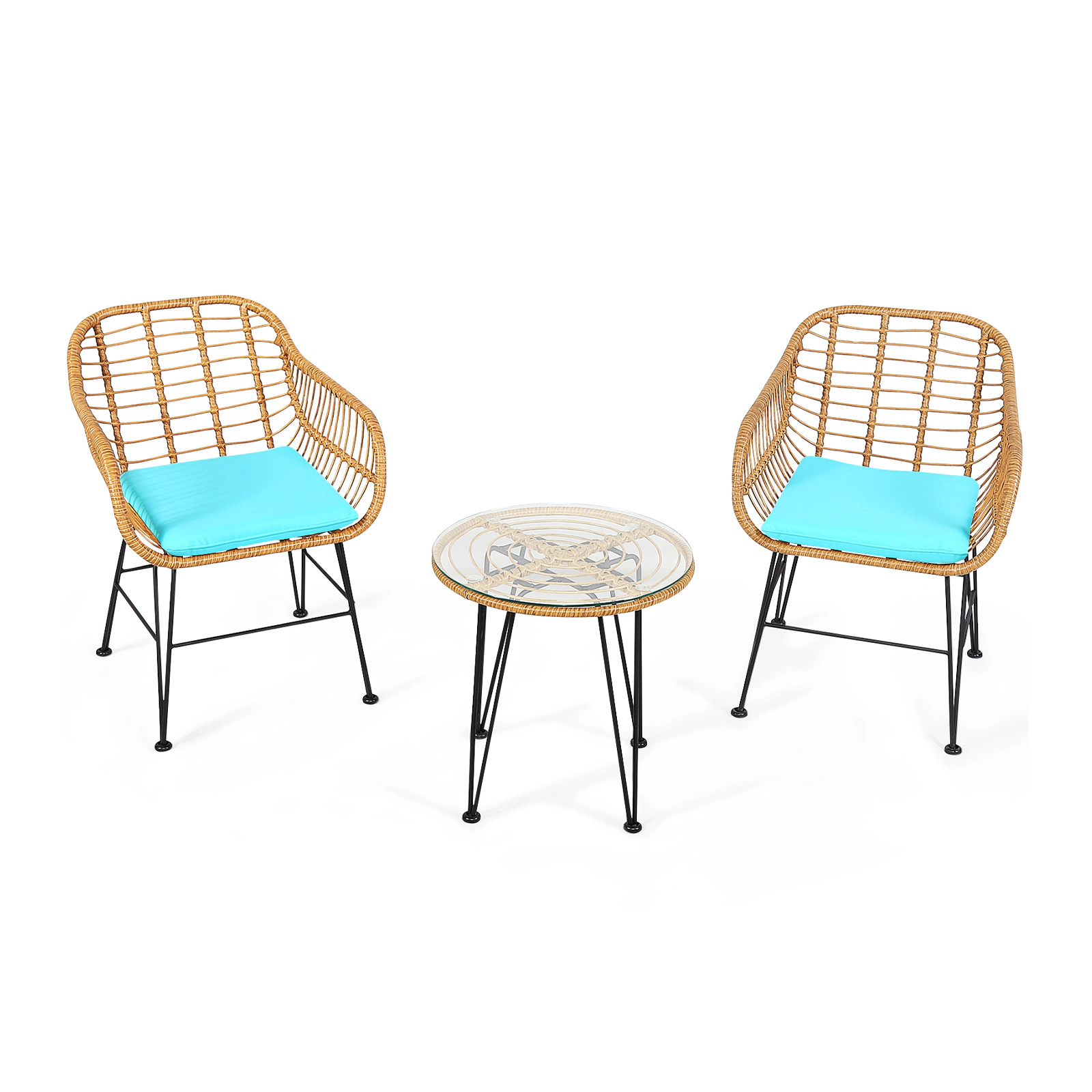 SUGIFT 3-Piece Rattan Conversation Set with Cushioned Chairs and Coffee Table 400-lb Chair Capacity Turquoise