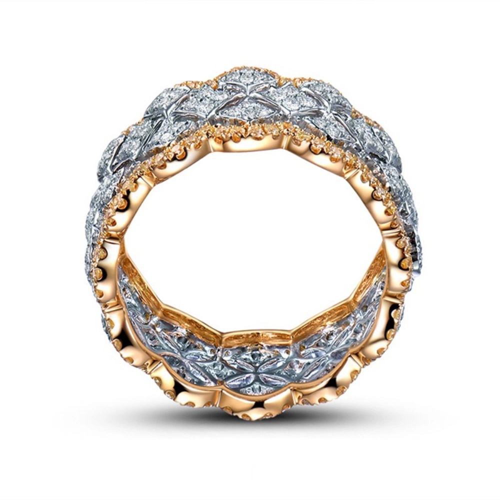 Wardrobe Whimsy Two‑Tone Gold Silver Clover Cubic Zirconia Wide Band Statement Ring
