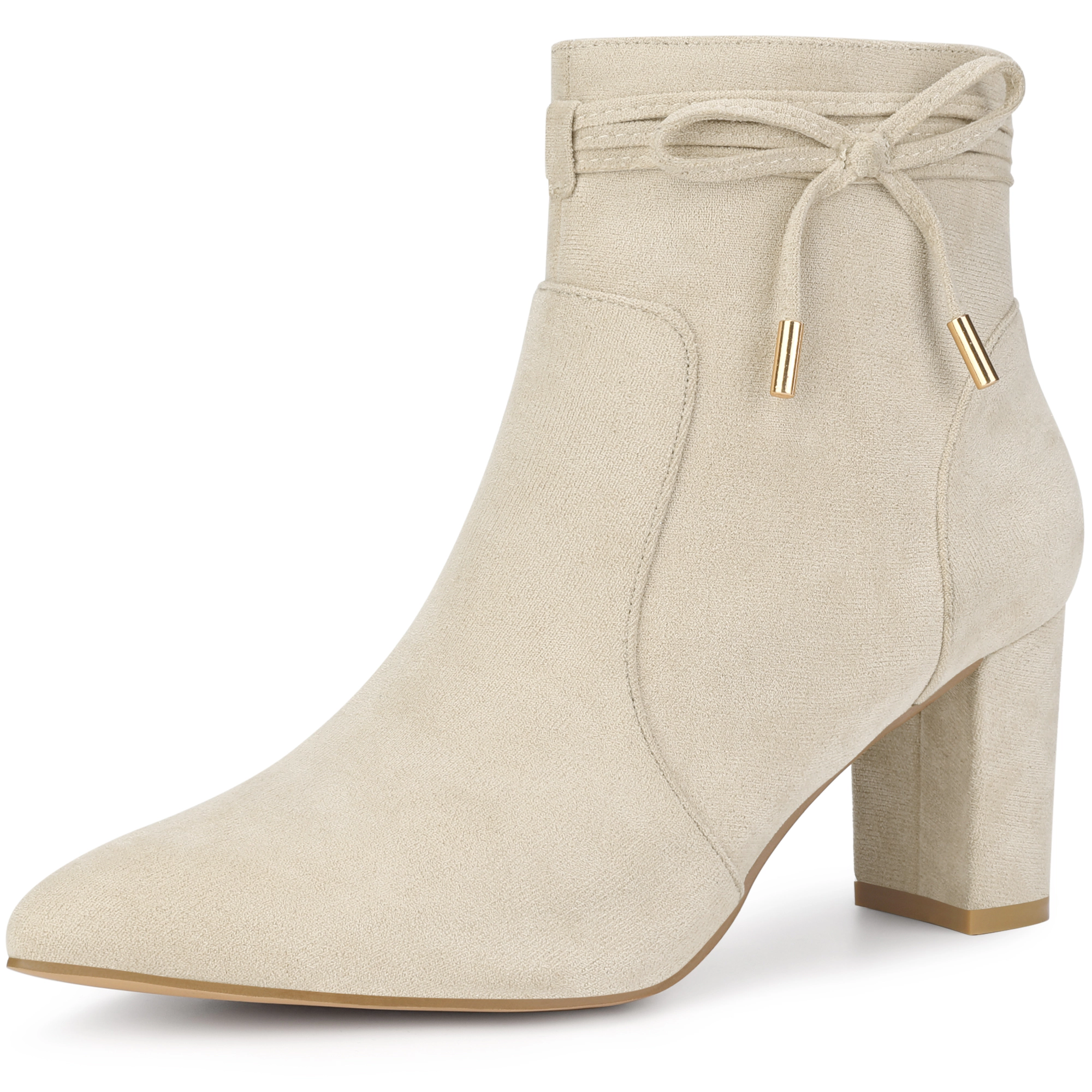 BLISSFUL STEP Women Perphy Bow Tie Pointed Toe Block Heel Ankle Boots Side Zipper