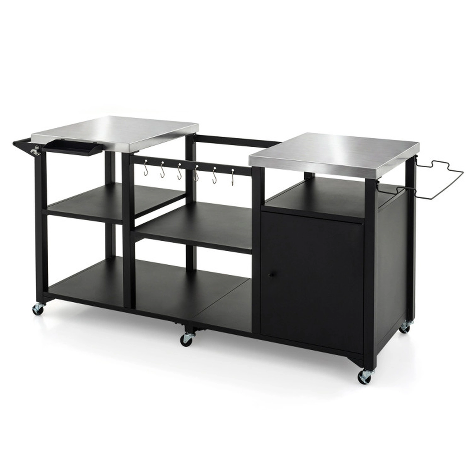 SUGIFT 180-lb Shelf Capacity 77-in Black Outdoor Grill Cart with Stainless Tops Cabinet and 6 Hooks