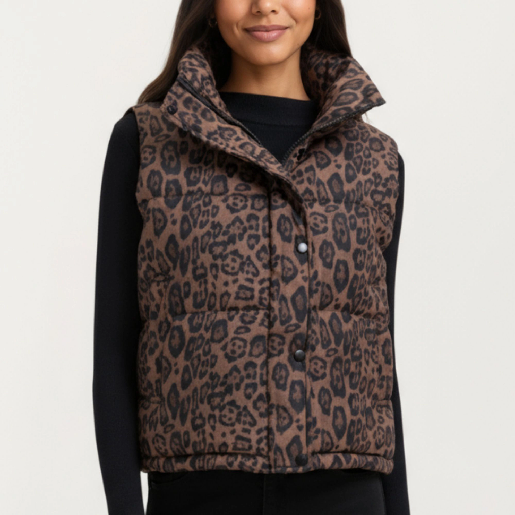 Anna-Kaci Women's Leopard Print Puffer Vest with High Stand Collar and Quilted Soft-Padded Body