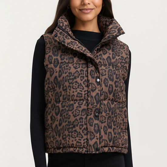 Anna-Kaci Women's Leopard Print Puffer Vest with High Stand Collar and Quilted Soft-Padded Body
