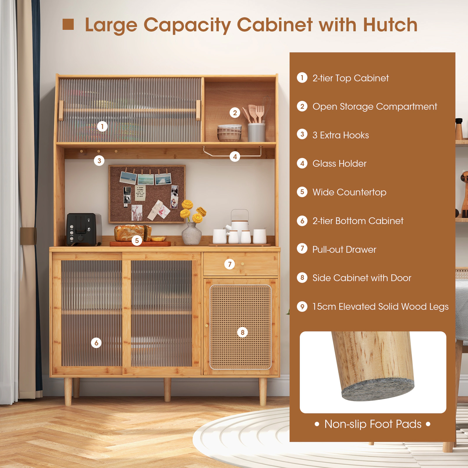 SUGIFT 69-in Bamboo Sliding Glass Doors Rattan Door Wine Bar Kitchen Cabinet 47-in x 14-in 110-lb Capacity Natural
