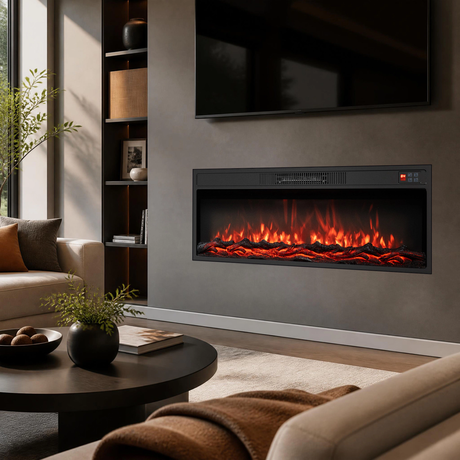 LJG Recessed Electric Fireplace Heater with Adjustable Flame Colors & Brightness