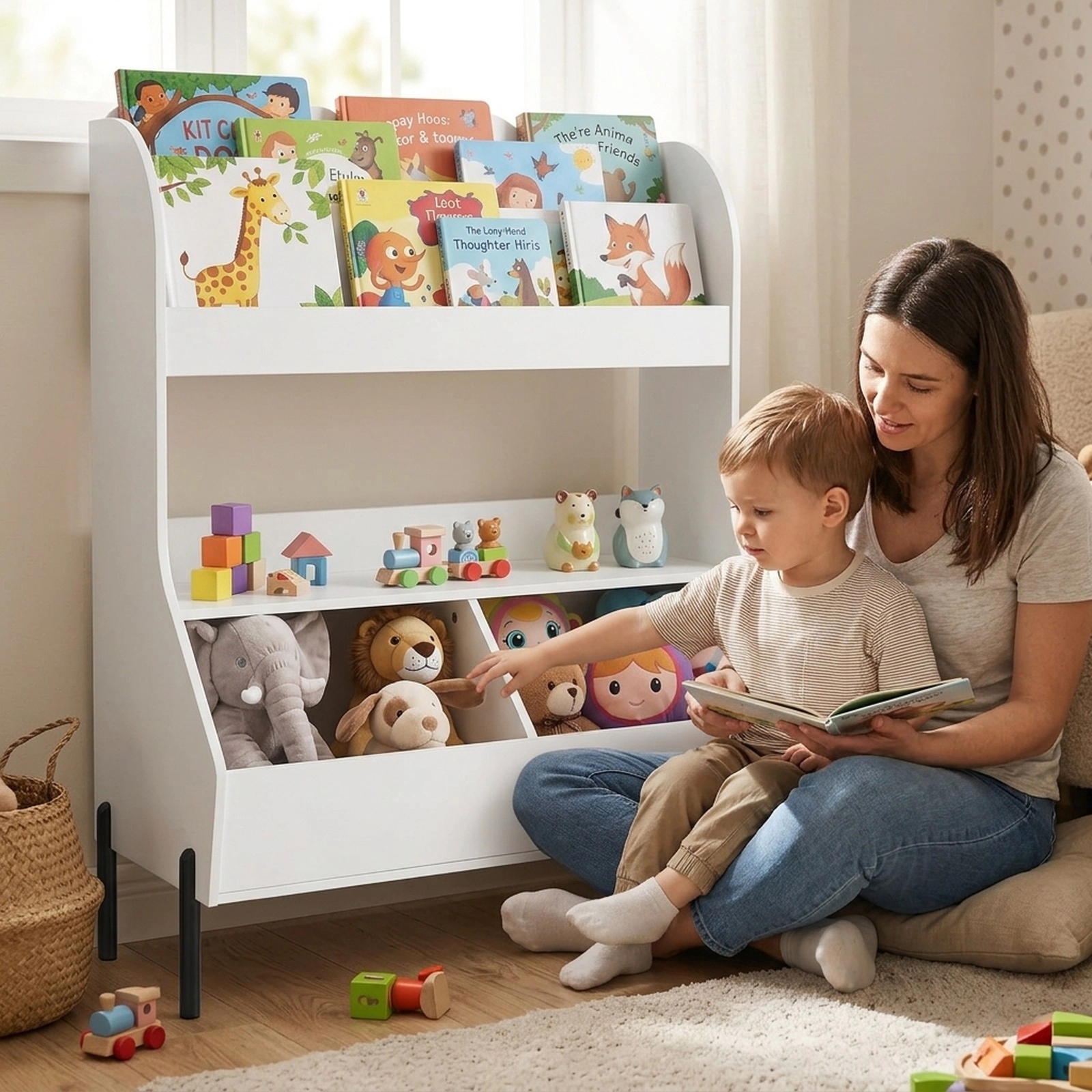 SUGIFT Kids 2-Tier Book Display Open Shelf 2 Storage Bins Metal Legs Wooden Bookshelf 31.5-in x 16-in x 41.5-in White