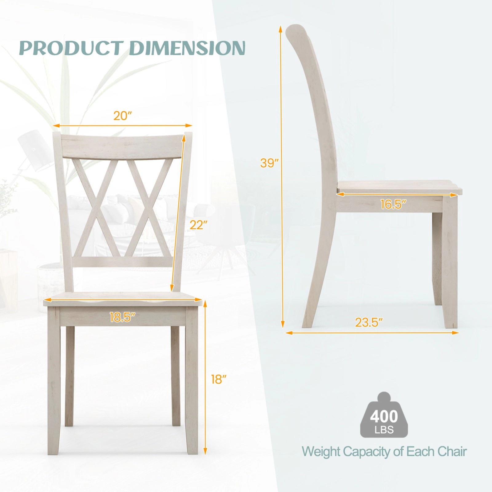 SUGIFT Set of 2 White Solid Rubber Wood Farmhouse Dining Chairs with Double X-Back