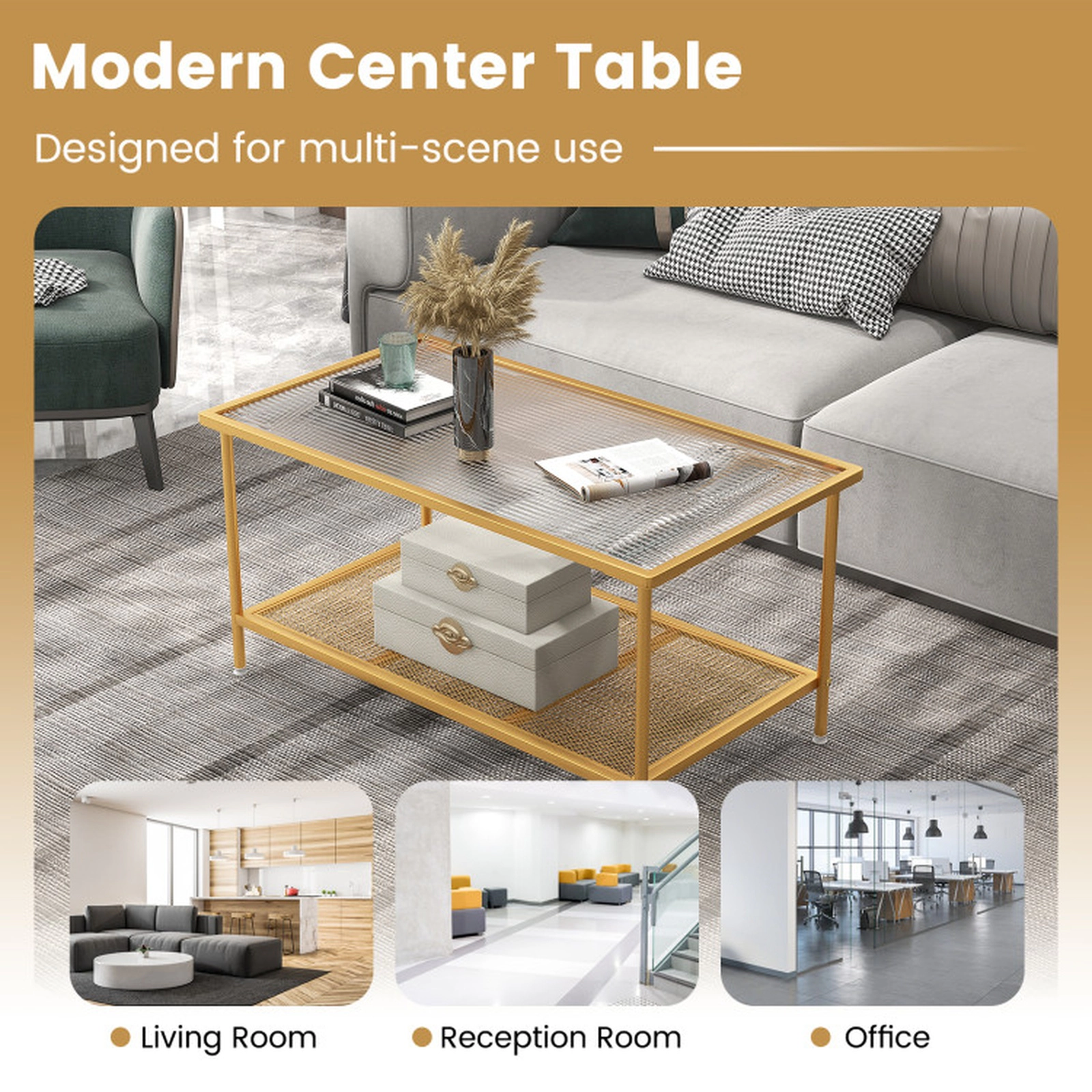 SUGIFT 2-Tier Tempered Glass Top Open Shelf Metal Frame Coffee Table 35.5-in x 20-in x 18.5-in 100-lb Capacity Gold