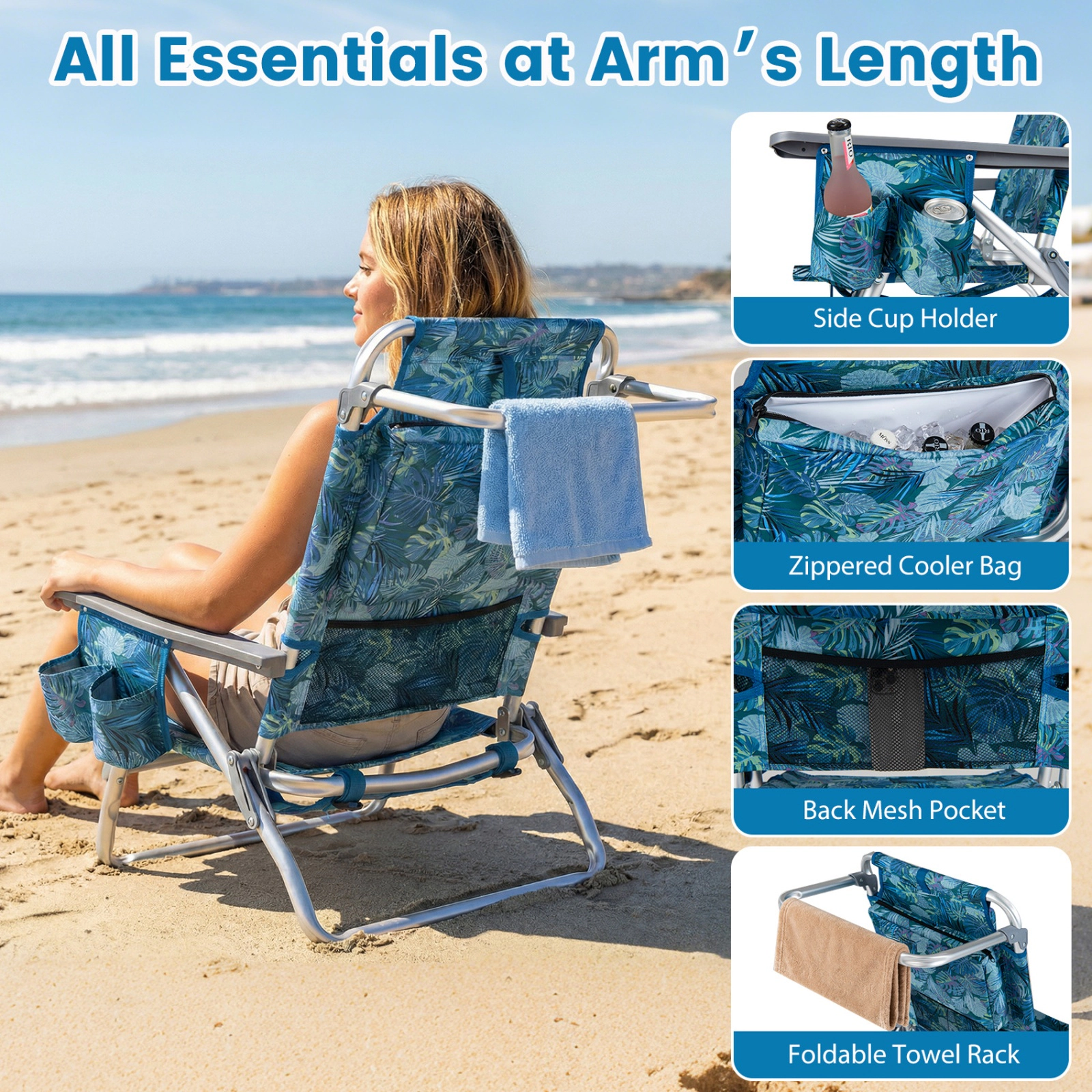 SUGIFT Portable Folding Backpack Beach Recliner Chair 330-lb Capacity 5-Position Backrest & Padded Headrest Peacock Blue