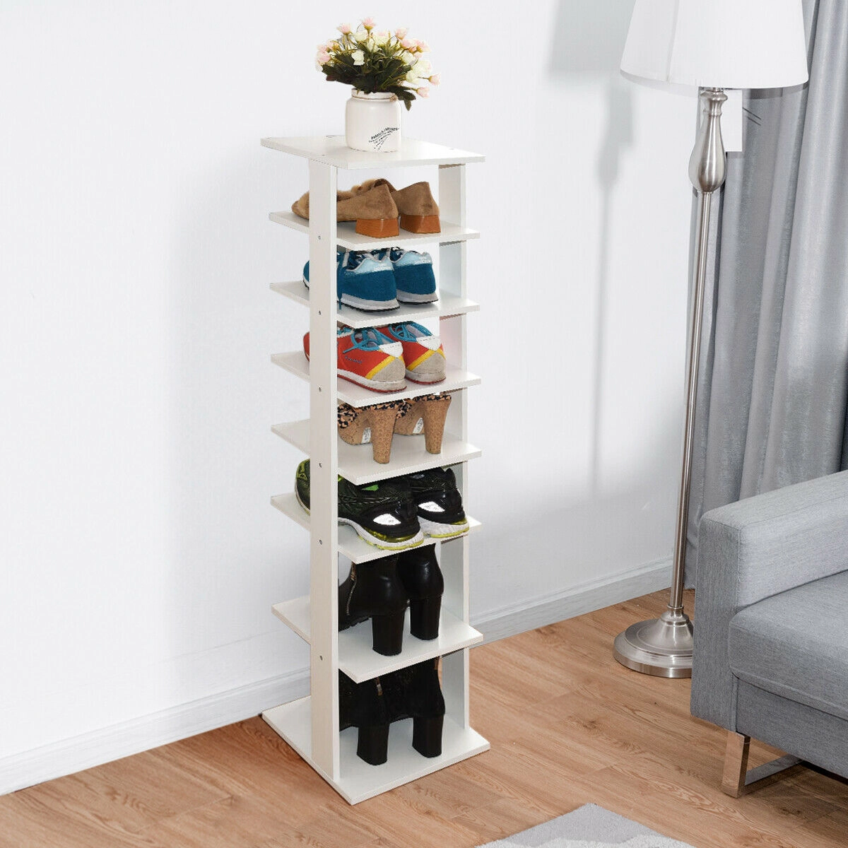 SUGIFT 7-Tier Wooden Shoe Storage Stand Shoe Rack Organizer 43.5-in Tall 11-lb Per Shelf Capacity White