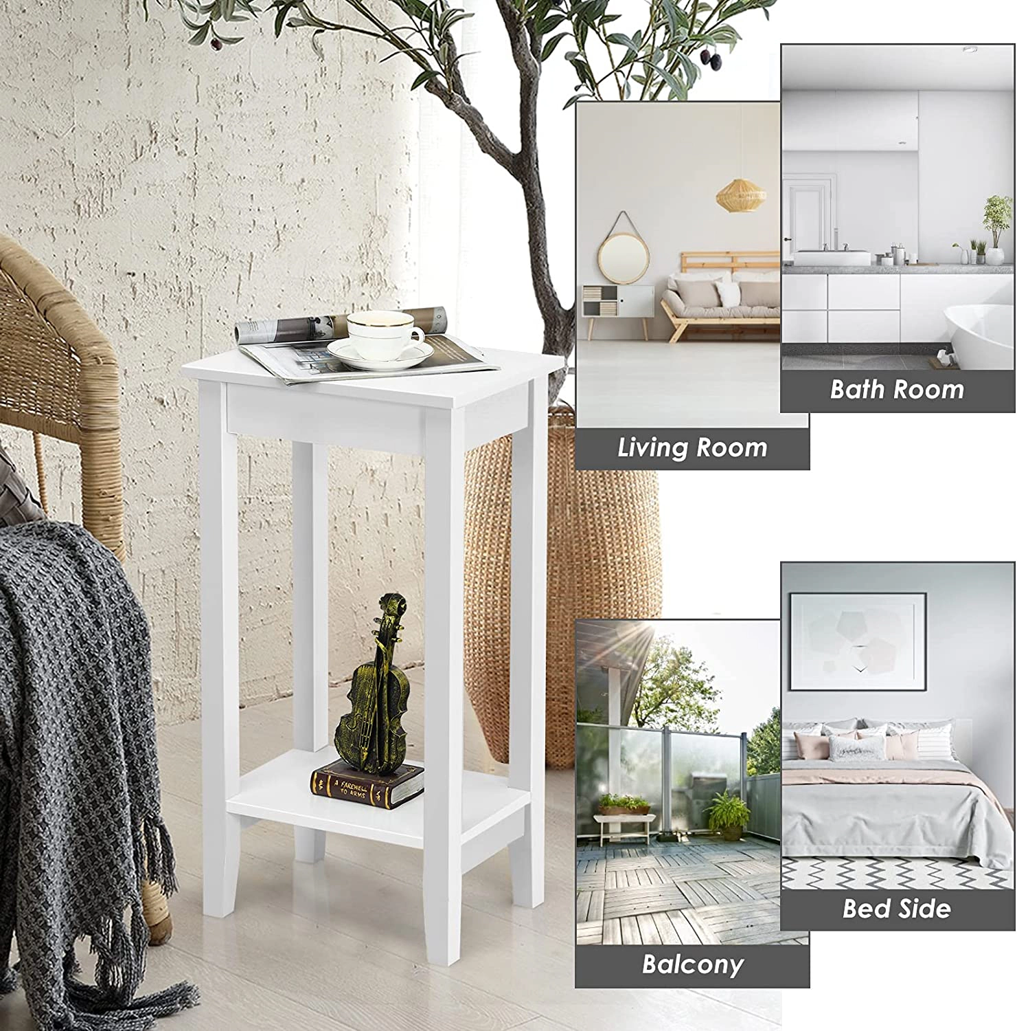 SUGIFT Set of 2 White 29-Inch 2-Tier End Tables with Storage Shelves