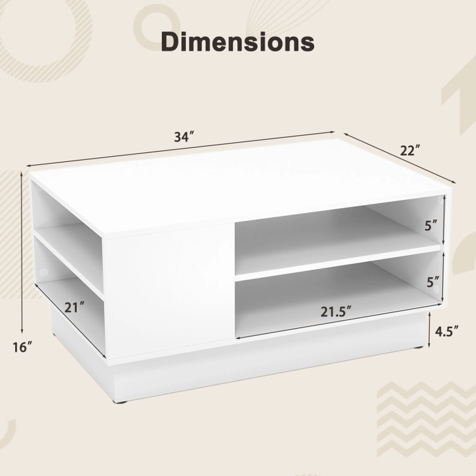 SUGIFT 34-in 132-lb Capacity Modern White Coffee Table with 2-Tier Open Storage and Recessed Base