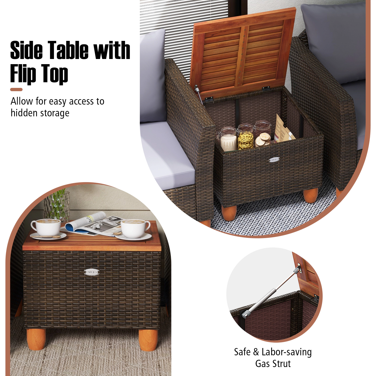 SUGIFT 3-Piece Gray Rattan Patio Bistro Set with Hidden-Storage Acacia Table and Deep Cushions