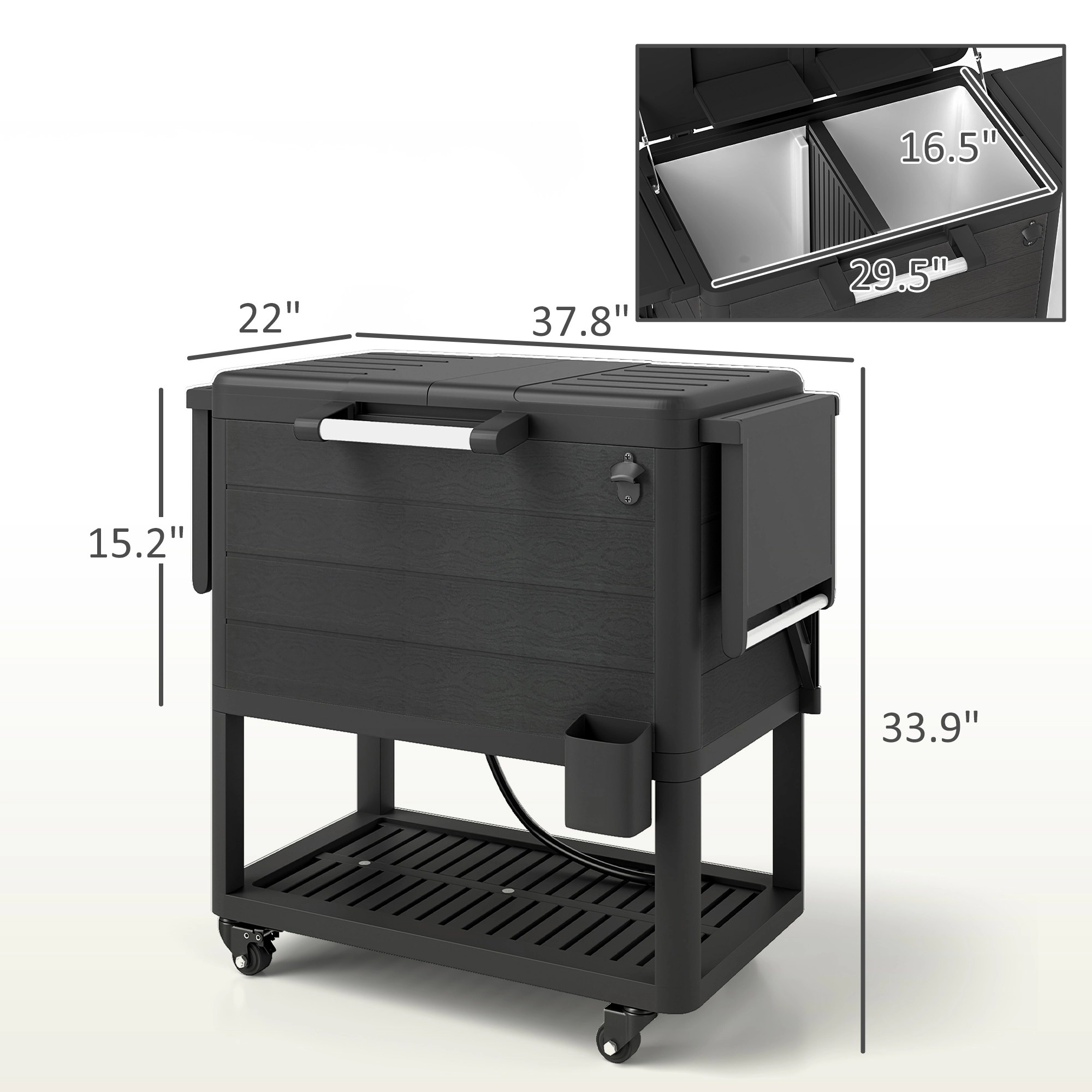 HONGGE 104 Quart Large Capacity Outdoor Cooler Cart Patio Rolling Ice Chest with Bottle Opener Shelves Wheels