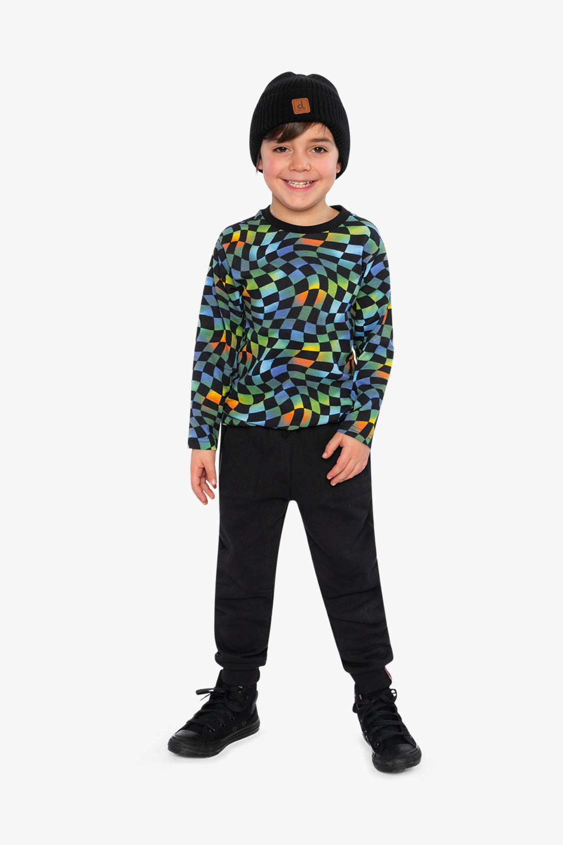 Deux par Boys Organic Cotton Long Sleeve Checkered T-Shirt
