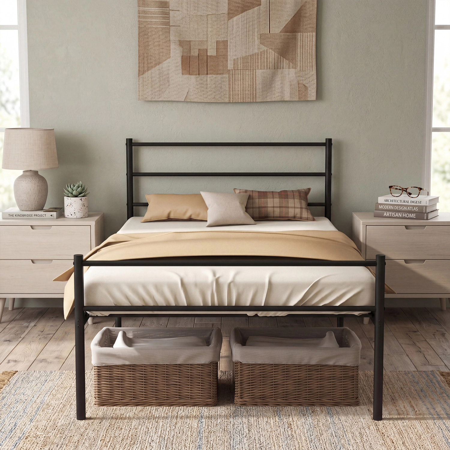 LJG Twin Size Metal Bed Frame Platform with Headboard-Black